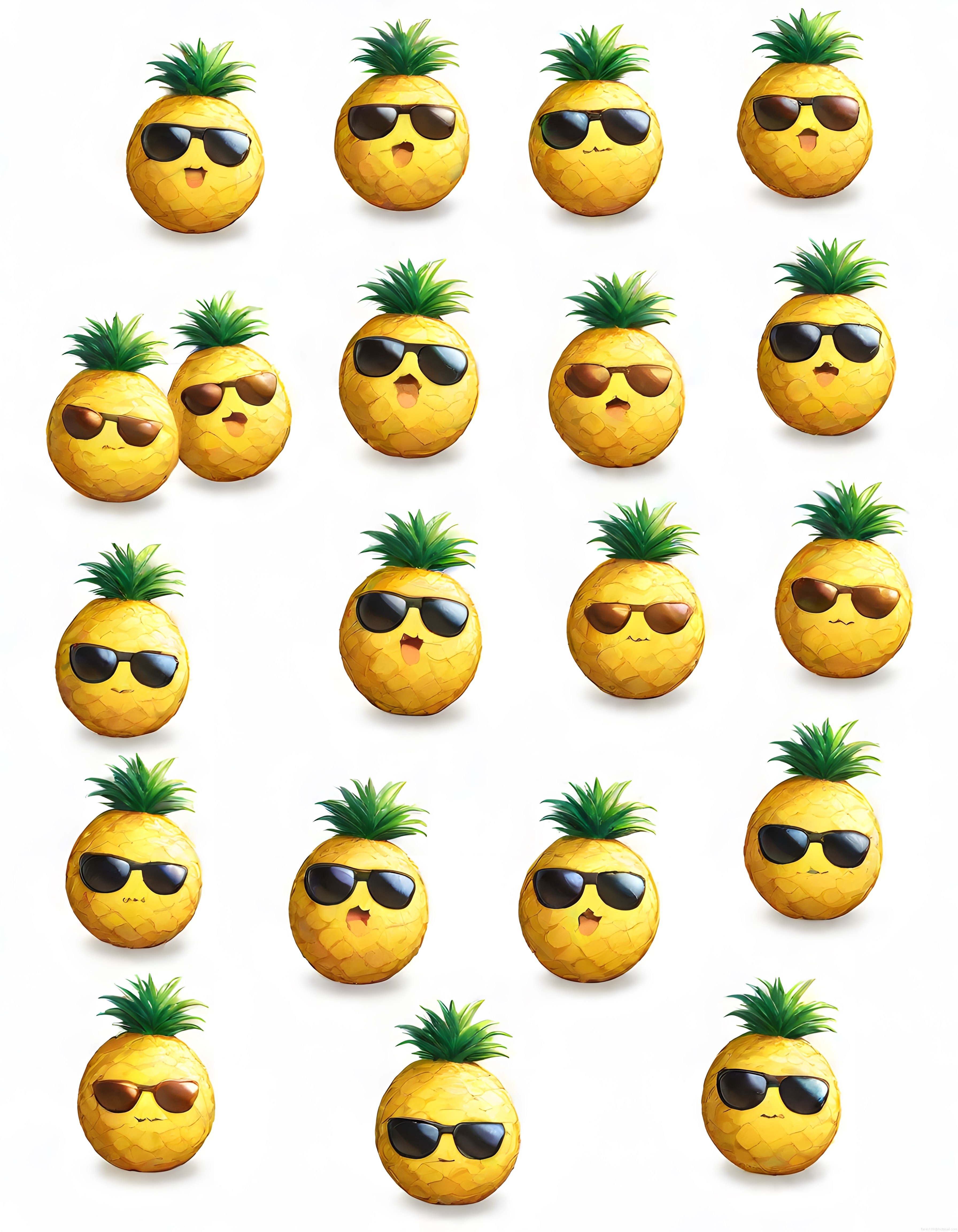 güneş gözlüklü ananas karakterleri farklı ifadelerle sevimli meyve emoji seti