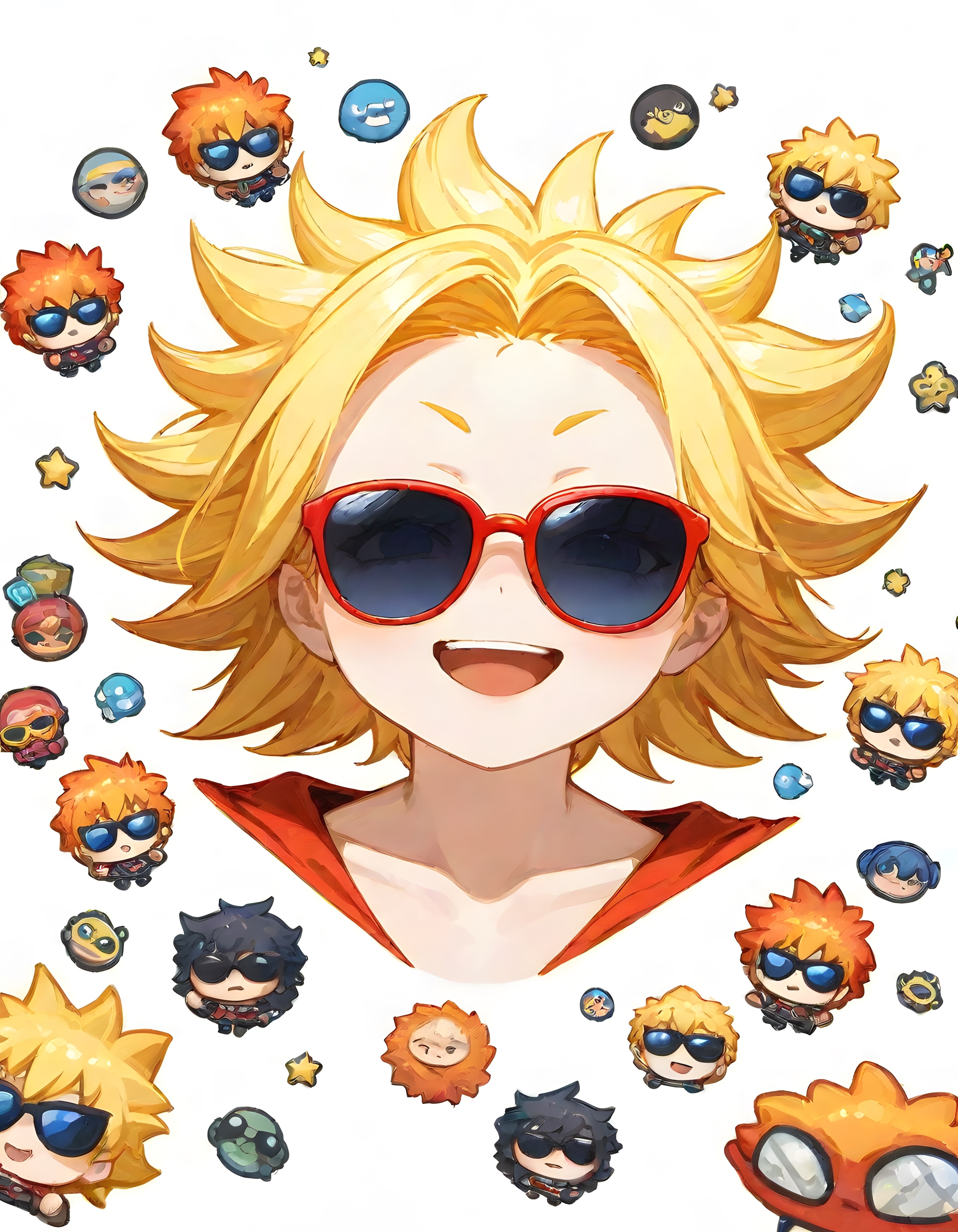 Güneş Gözlüklü Anime Karakter ve Etrafını Saran Sevimli Chibi Figürler