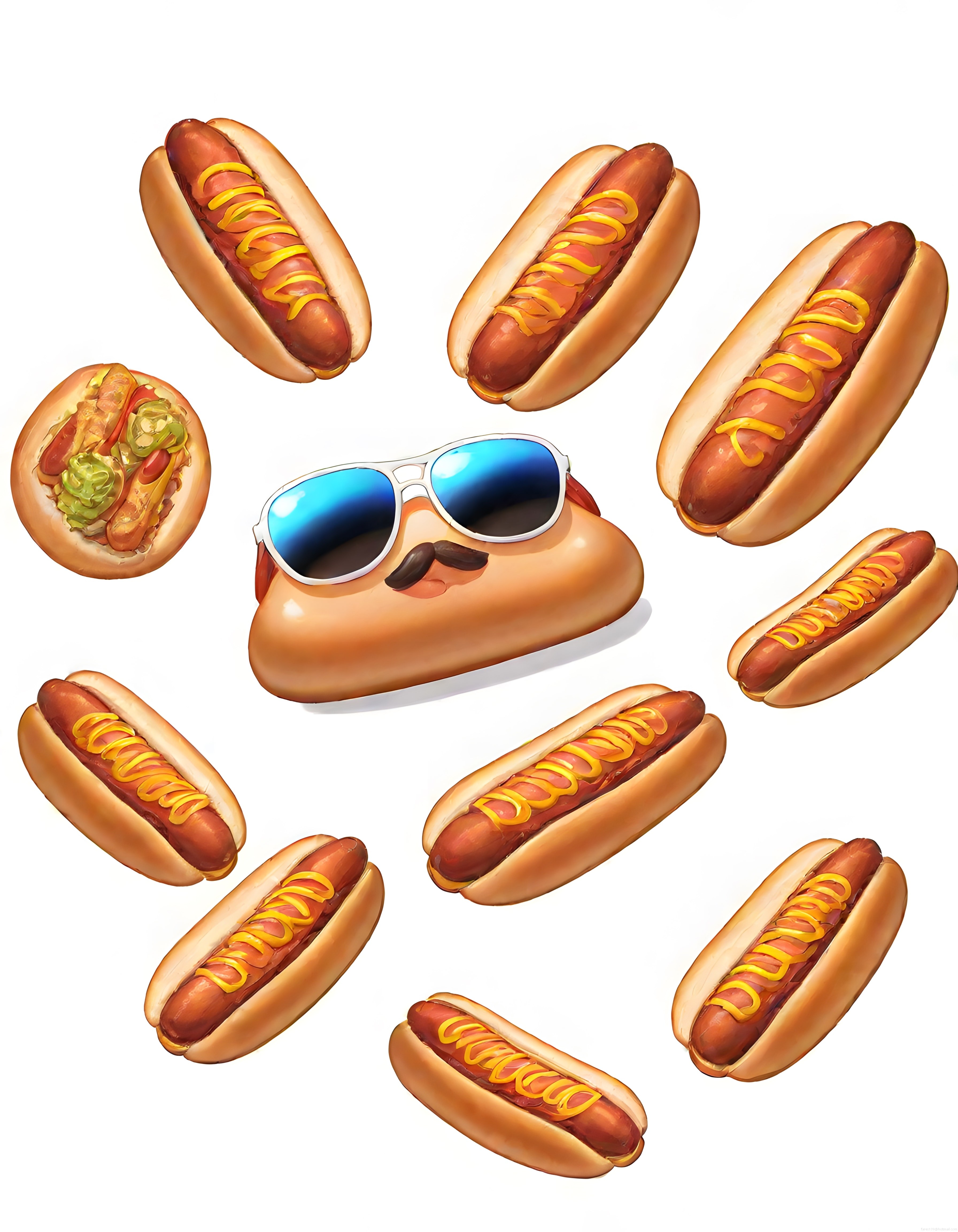 Güneş gözlüklü bıyıklı hot dog karakteri ve etrafındaki sosisli sandviçler komik çizim