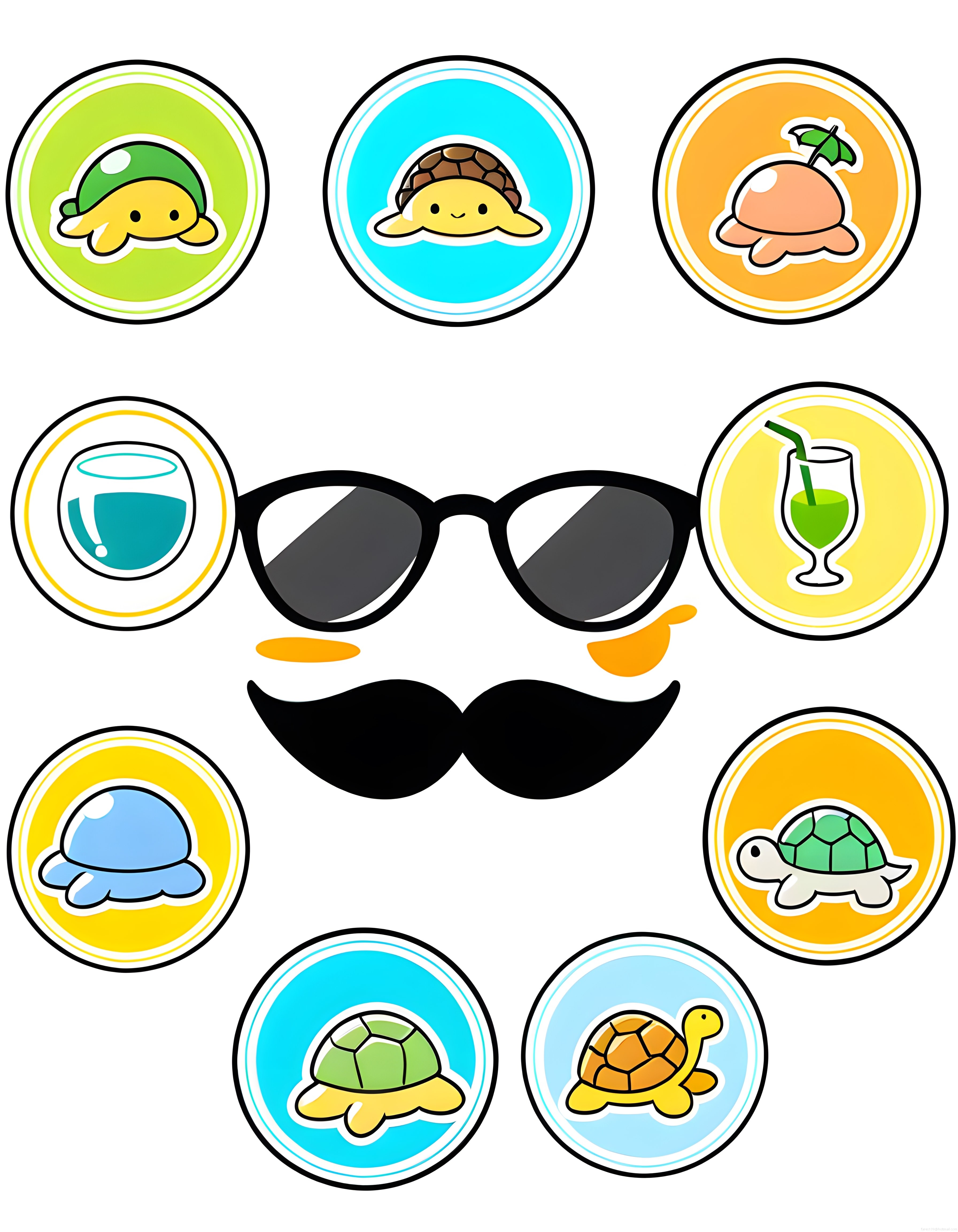 Güneş Gözlüklü Bıyıklı Yüz ve Renkli Kaplumbağa Rozetleriyle Eğlenceli Çizim