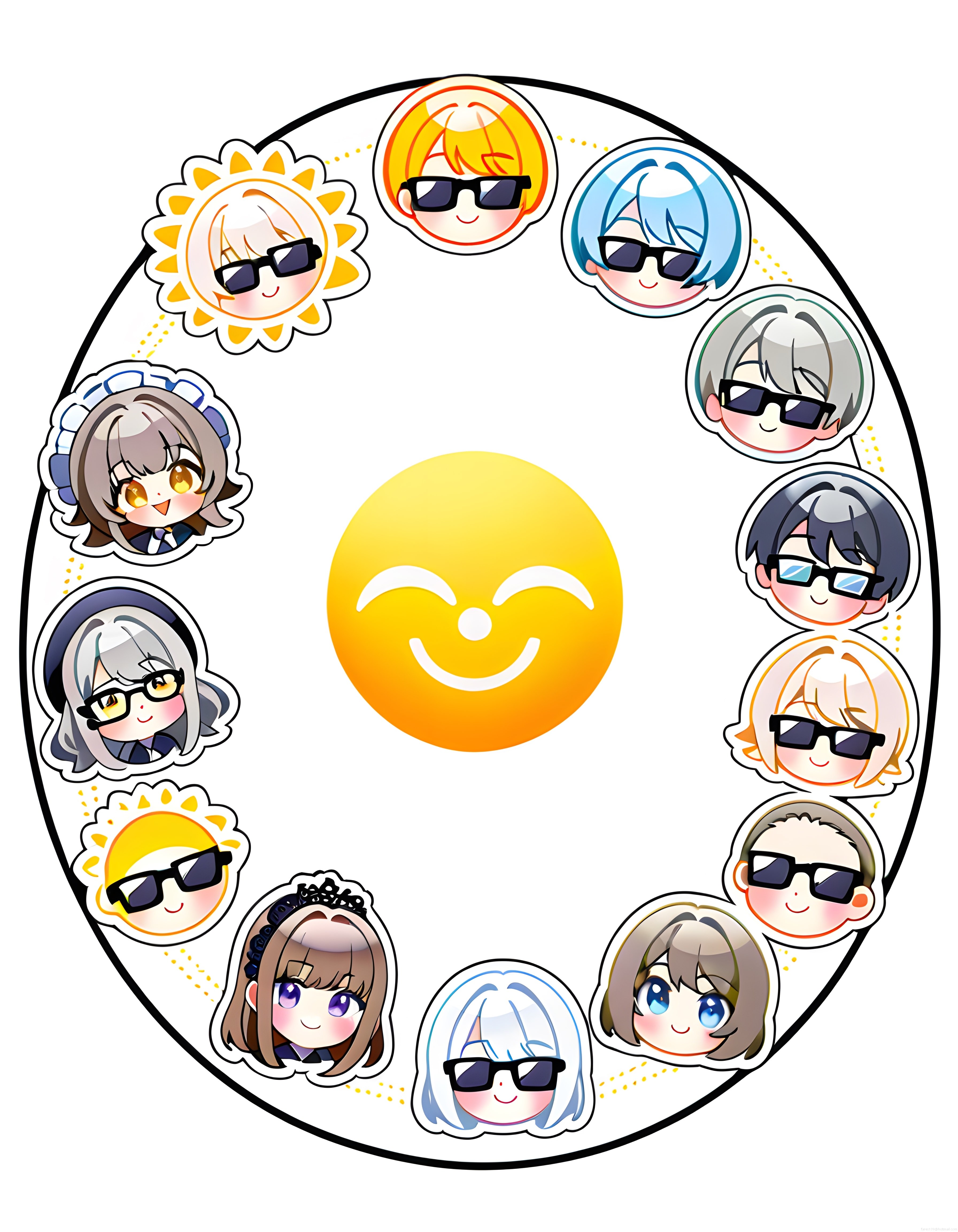 güneş gözlüklü chibi karakter topluluğu ve merkezde gülümseyen güneş simgesi