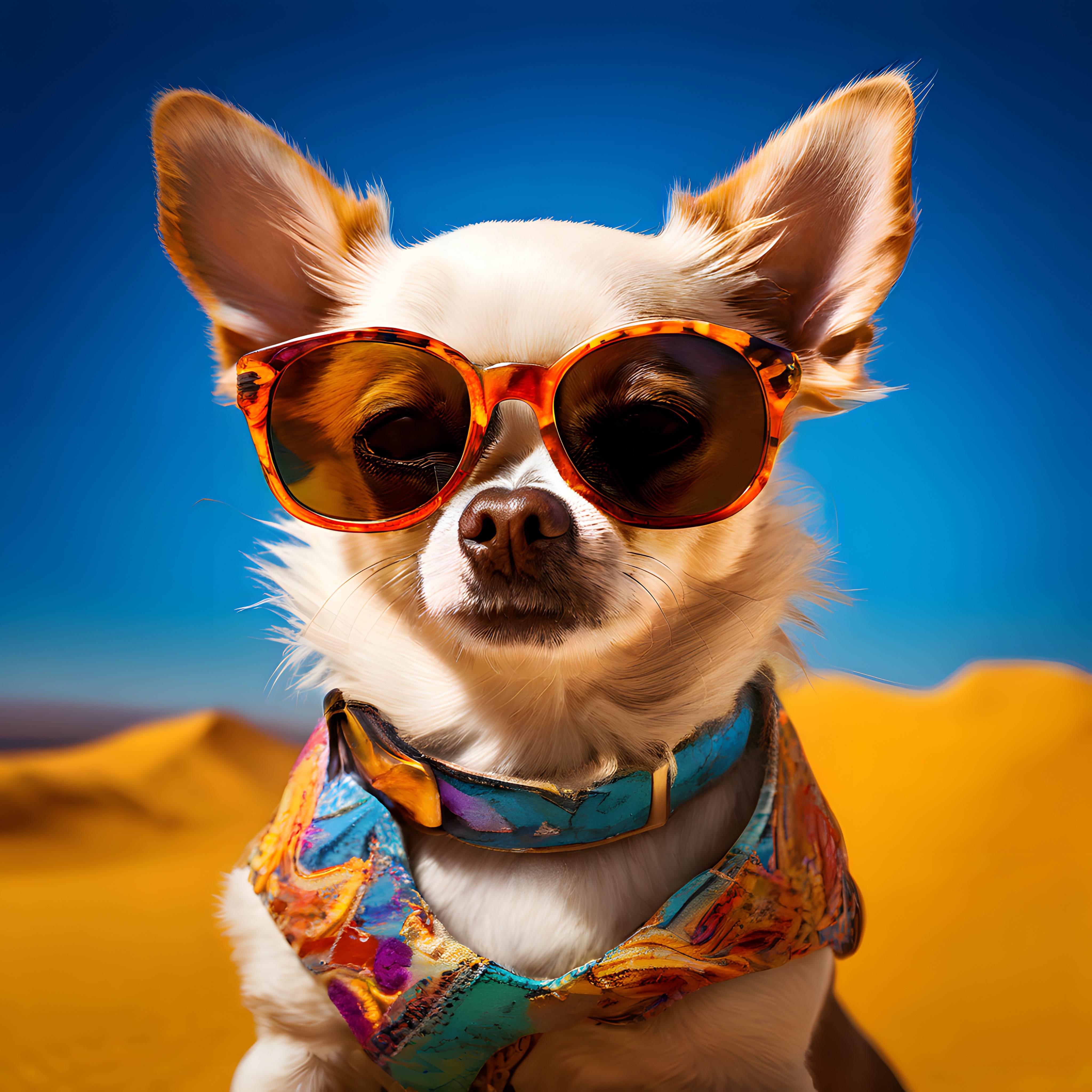 Güneş Gözlüklü Chihuahua Çölde Havalı Tatil Kıyafetiyle Poz Veriyor