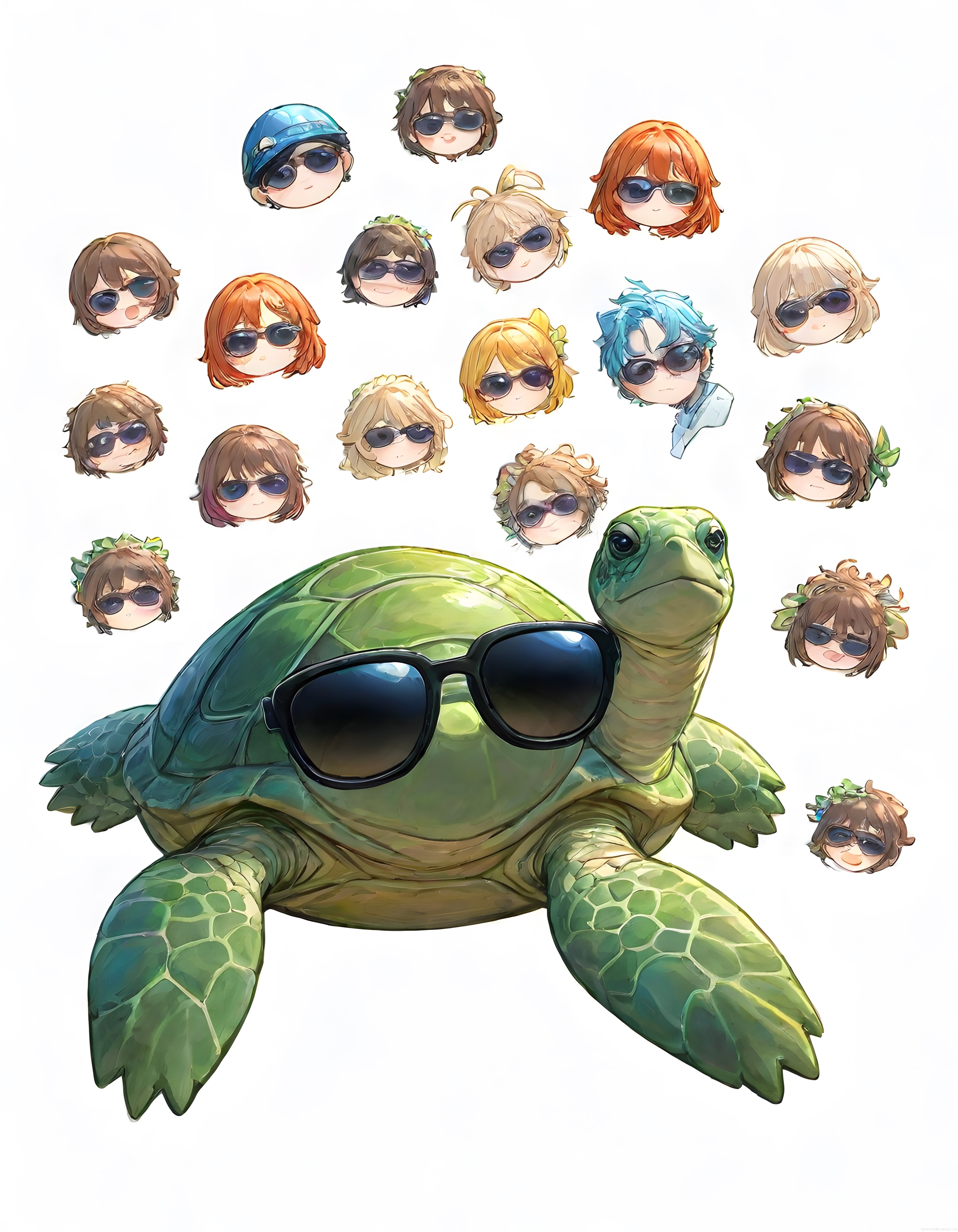 Güneş Gözlüklü Kaplumbağa ve Chibi Anime Karakterleri İllüstrasyonu