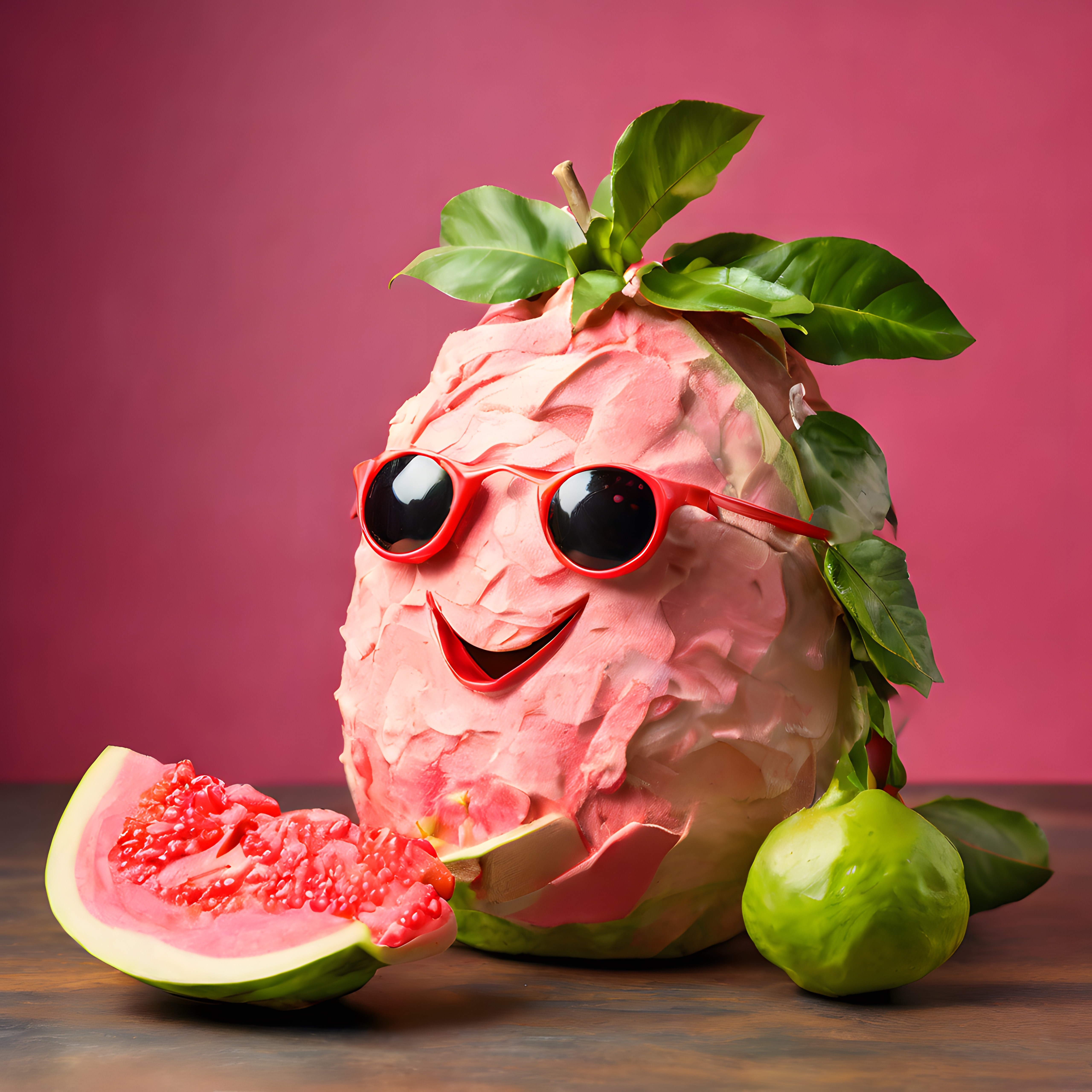 Güneş Gözlüklü Neşeli Guava Karakteri ile Renkli Tropik Meyve Komposisyonu