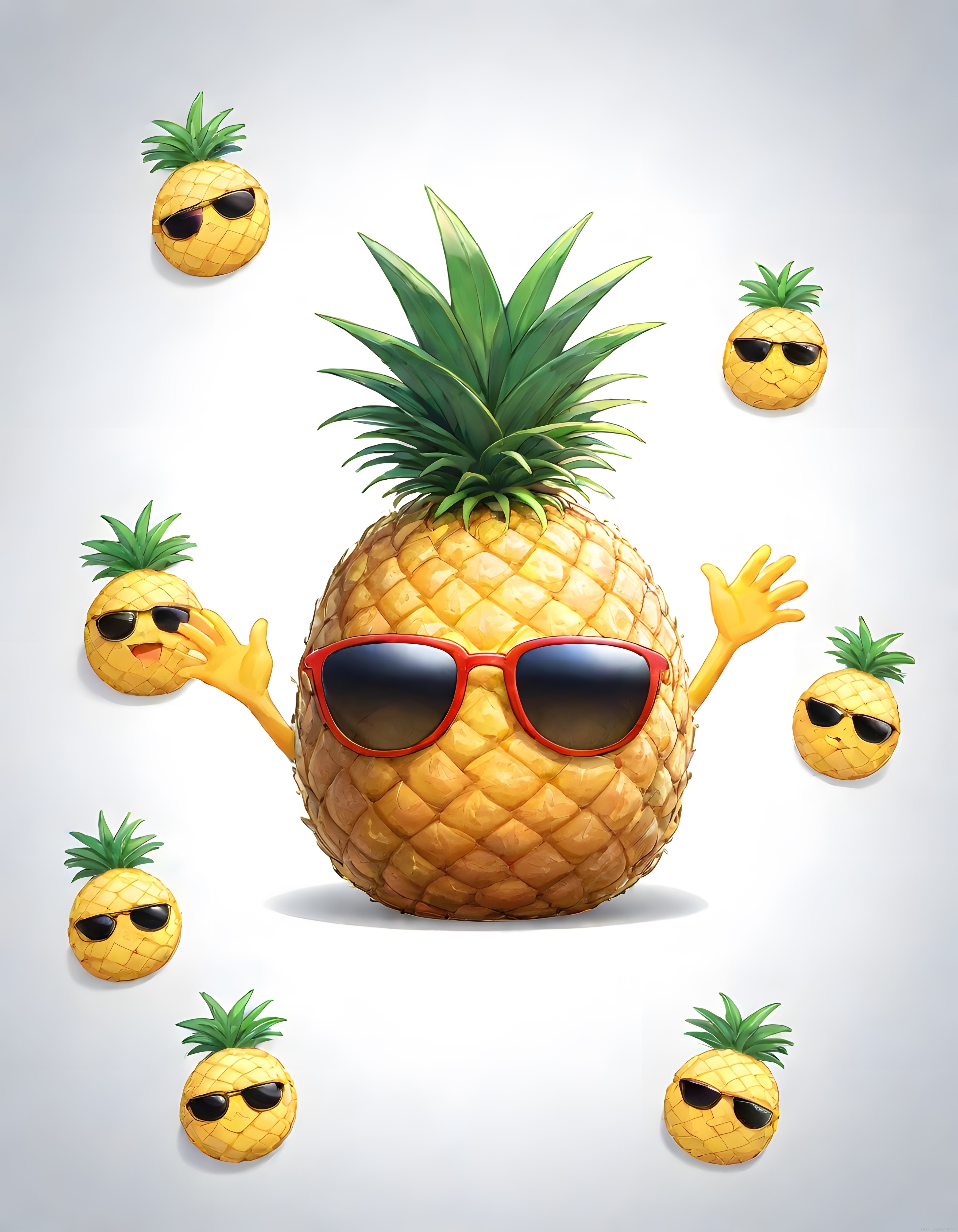 Güneş Gözlüklü Sevimli Ananas Karakteri ve Mini Ananas Arkadaşları