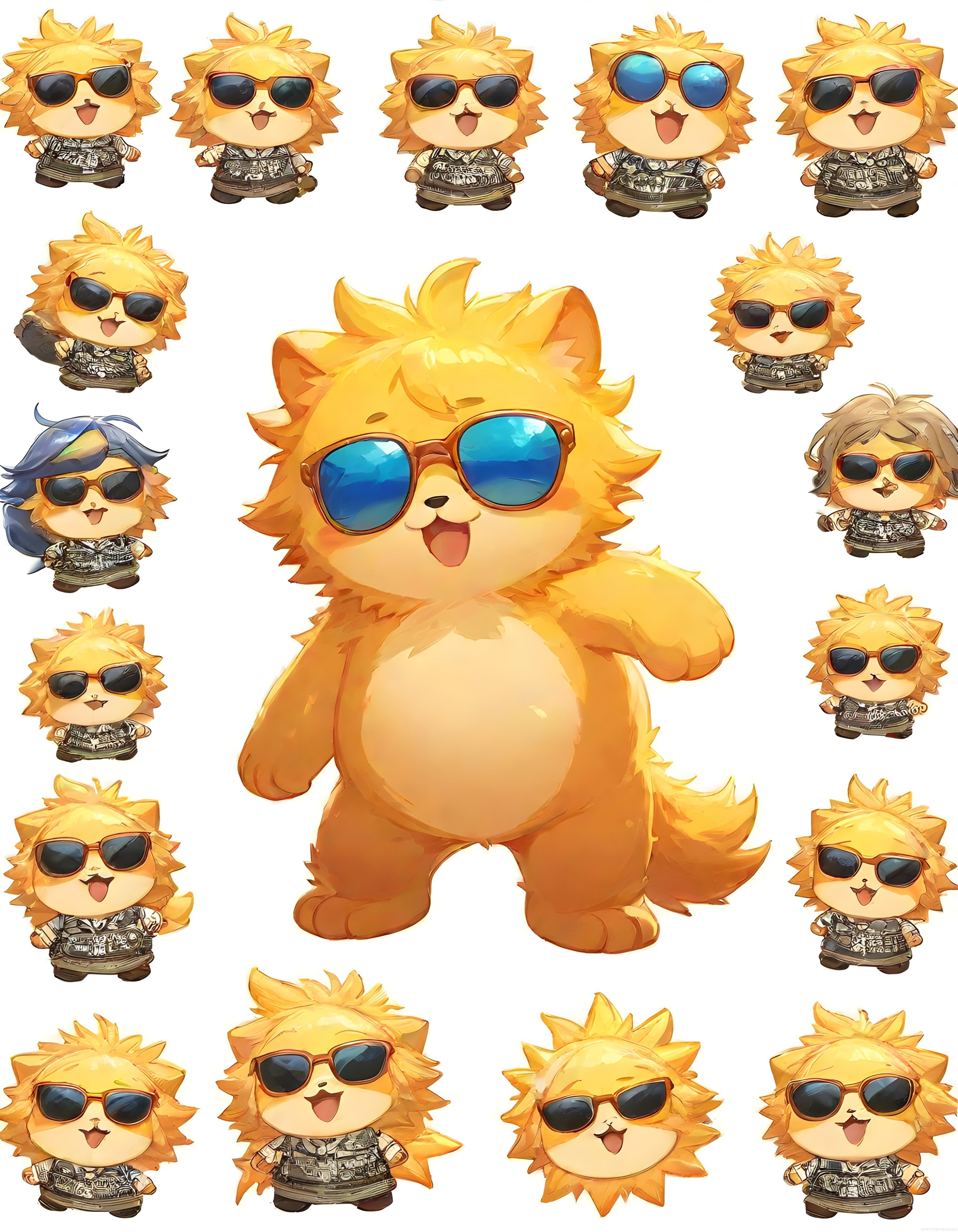 Güneş gözlüklü sevimli chibi tilki karakteri ve kawaii oyuncak varyasyonları