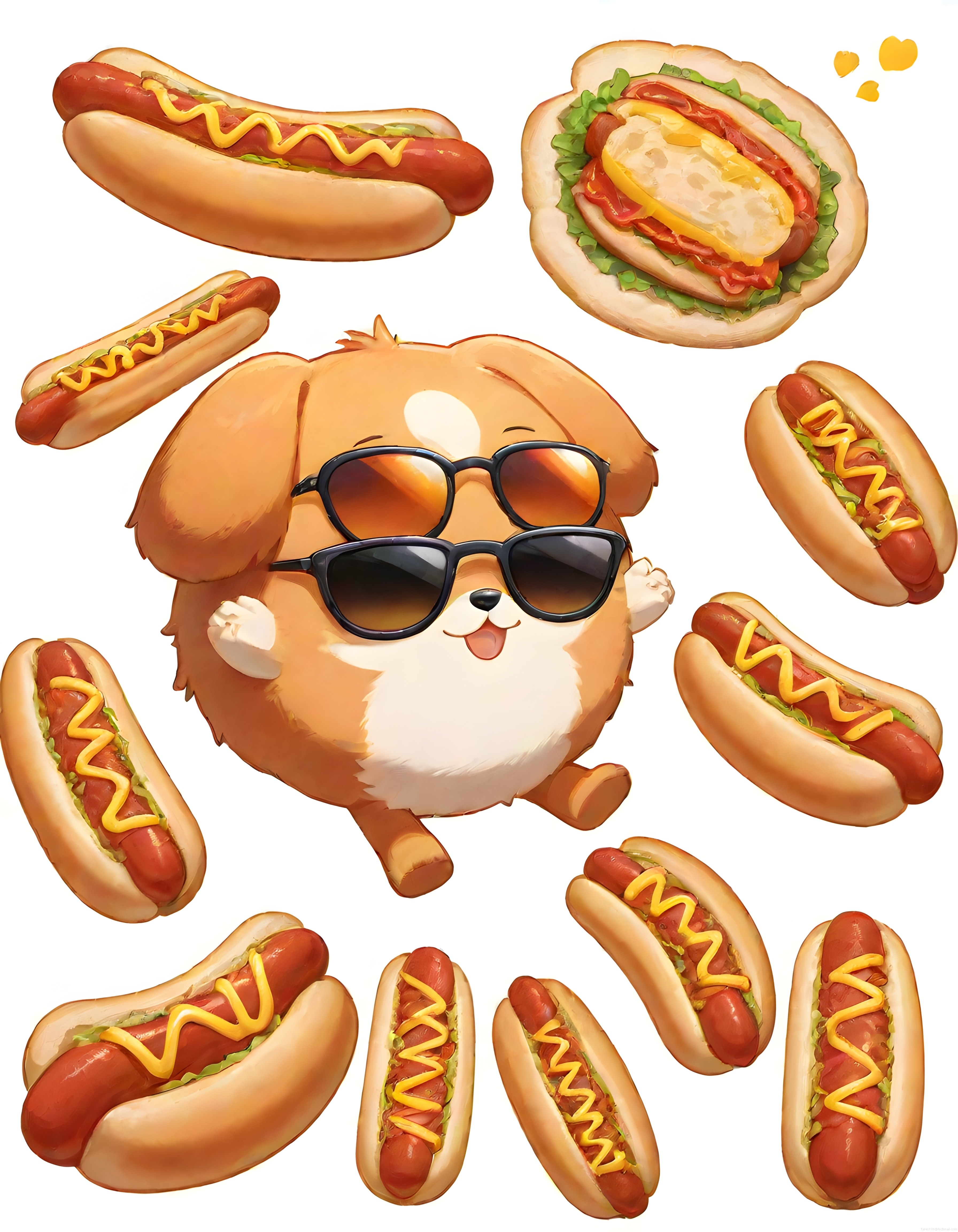 Güneş Gözlüklü Sevimli Köpek ve Uçan Hot Doglarla Eğlenceli Animasyon İllüstrasyonu