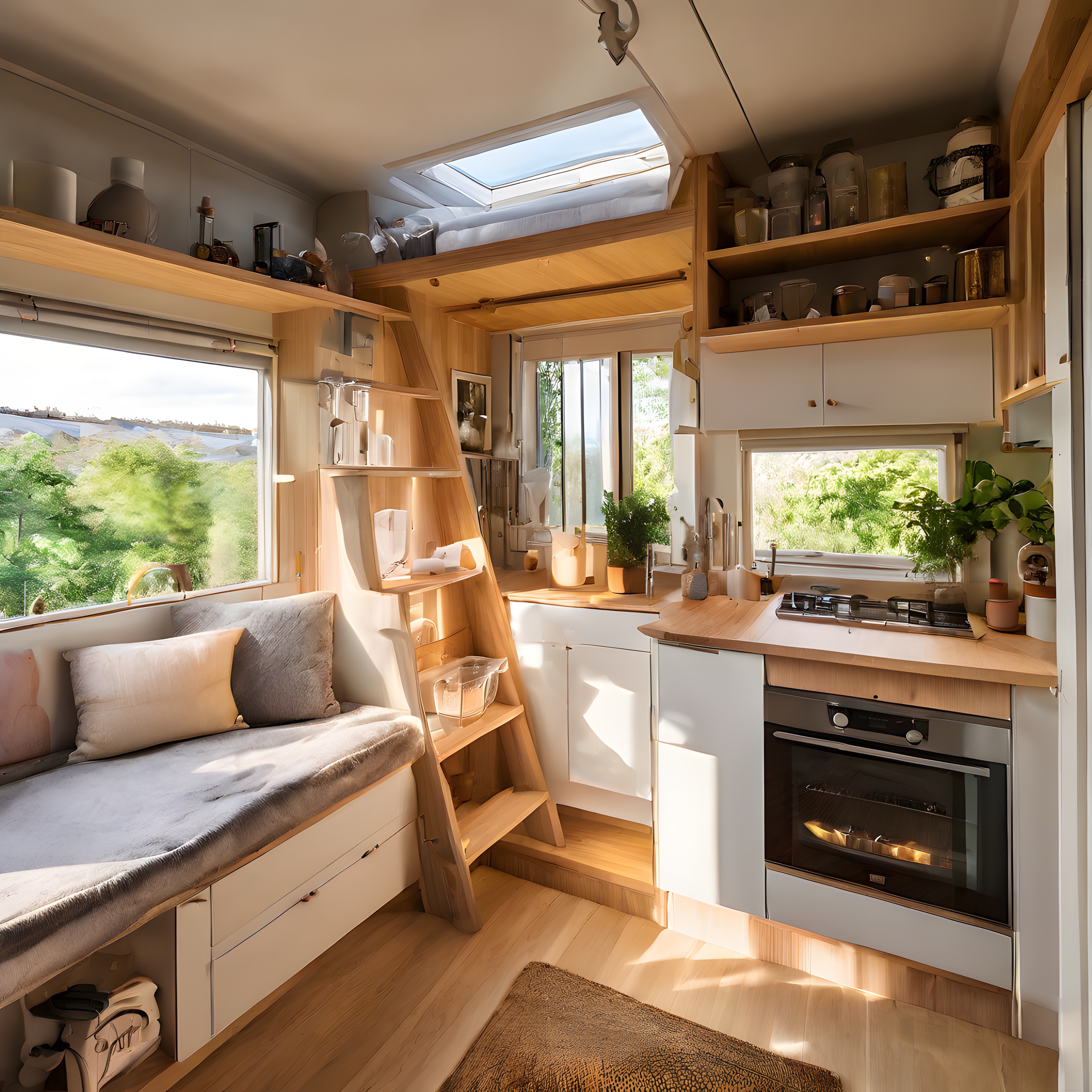 güneş ışığı dolu sıcak tiny house iç mekanı ve modern mutfak köşesi