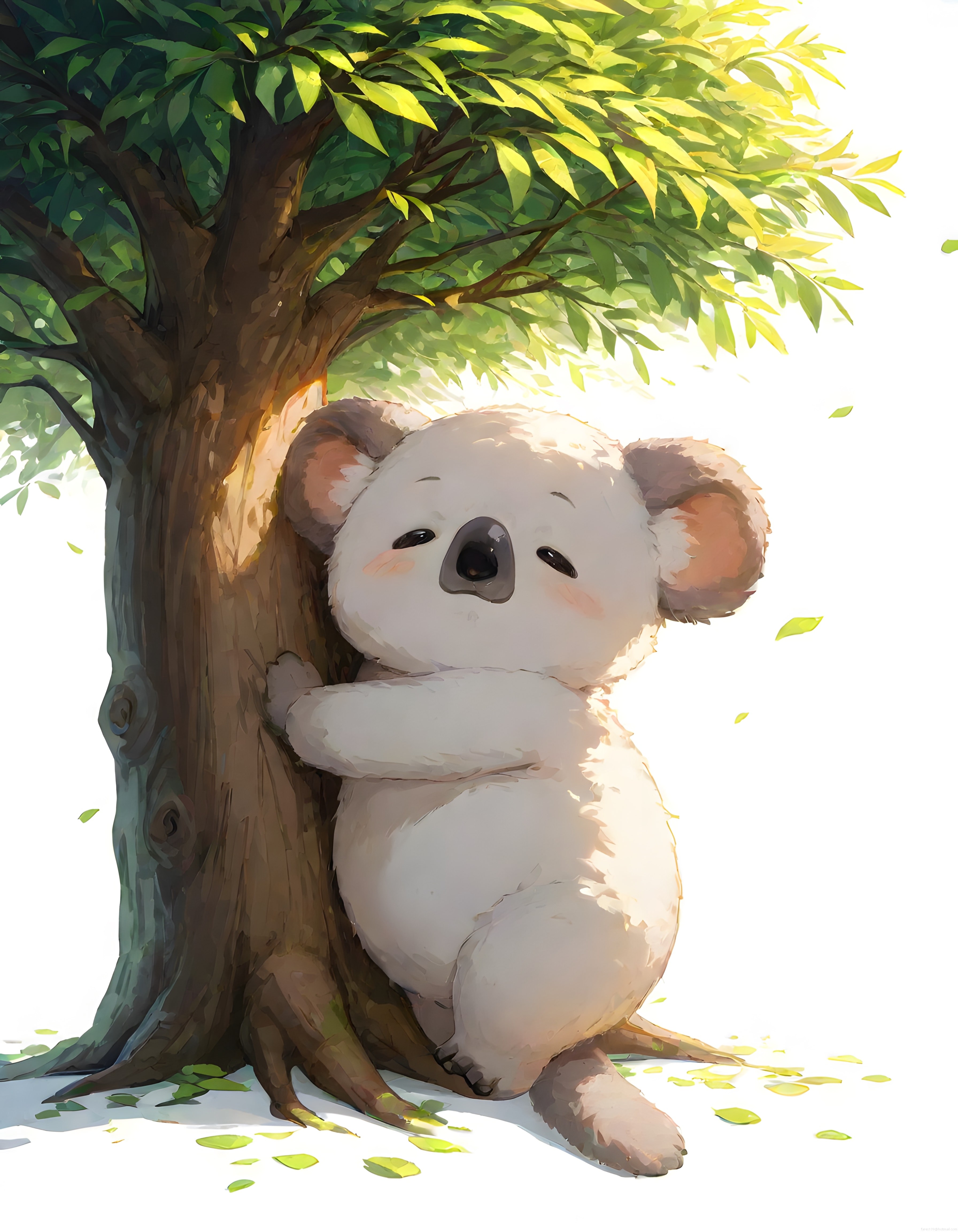 Güneş Işığında Ağaca Sarılarak Dinlenen Tombul Sevimli Anime Koala Çizimi