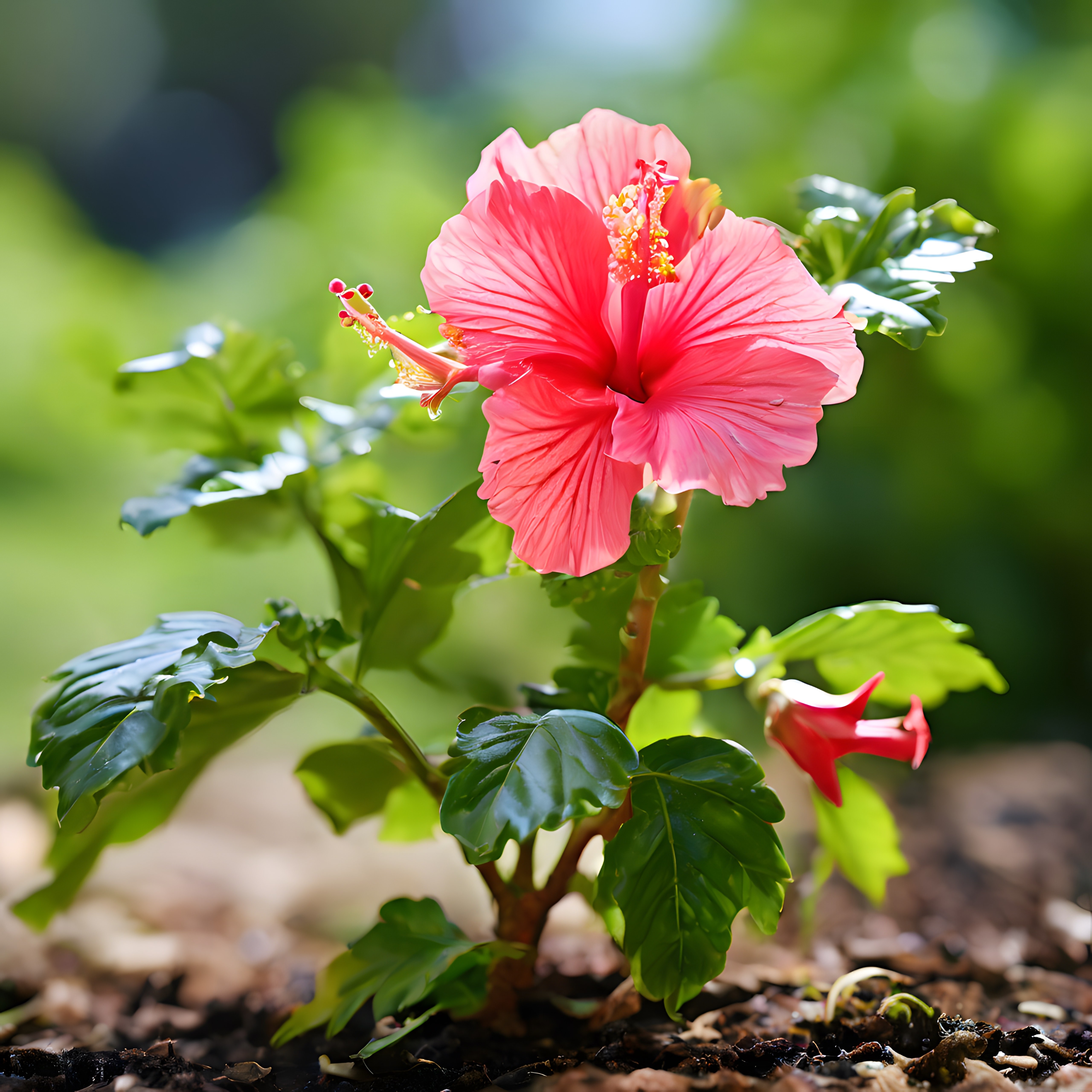 Güneş Işığında Parıldayan Canlı Pembe Hibiskus Çiçeği ve Tomurcuk Detayı