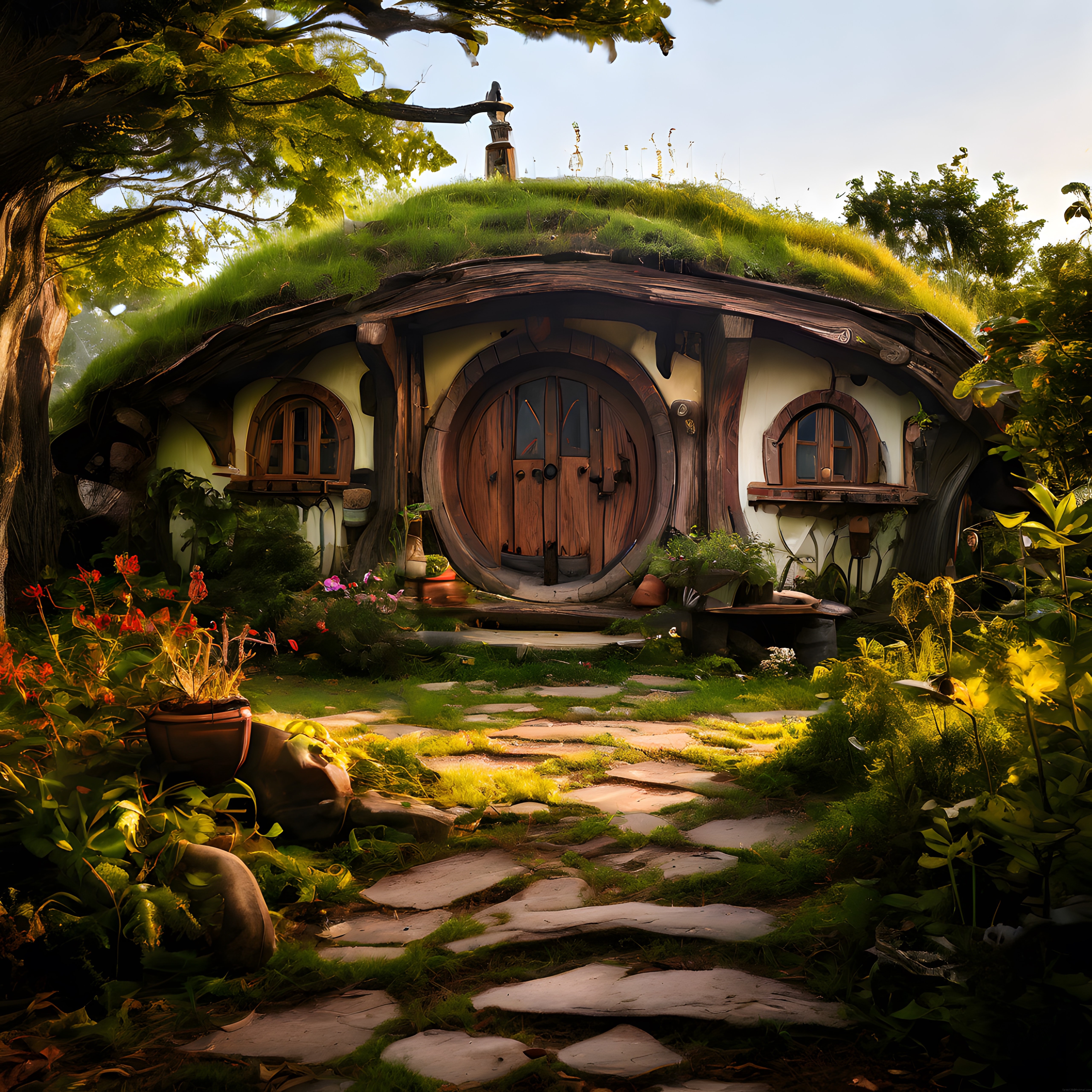 Güneş Işığında Parlayan Masalsı Hobbit Evi ve Taşlı Bahçe Yolu