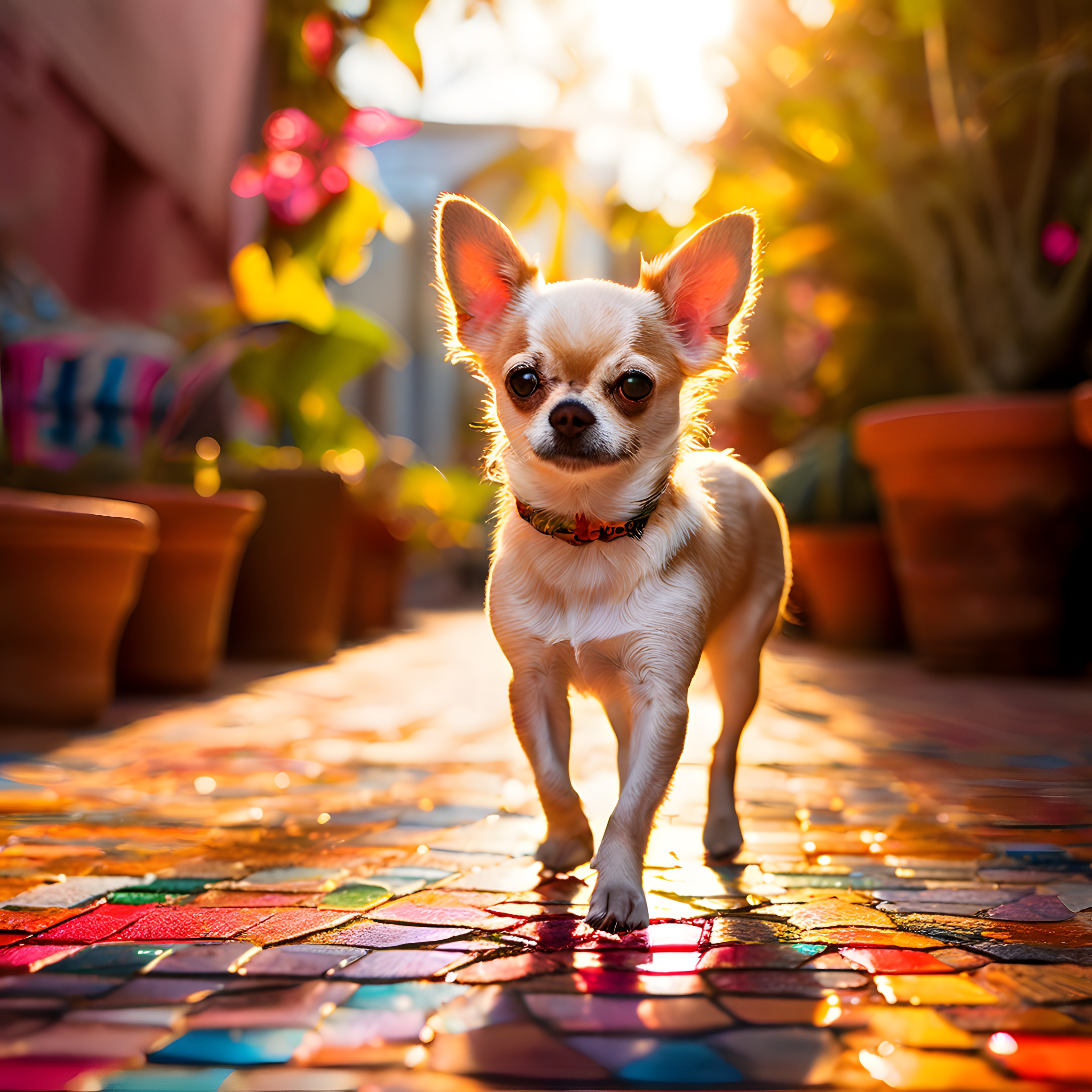 Güneş Işığında Renkli Mozaik Zeminde Yürüyen Sevimli Chihuahua Köpeği