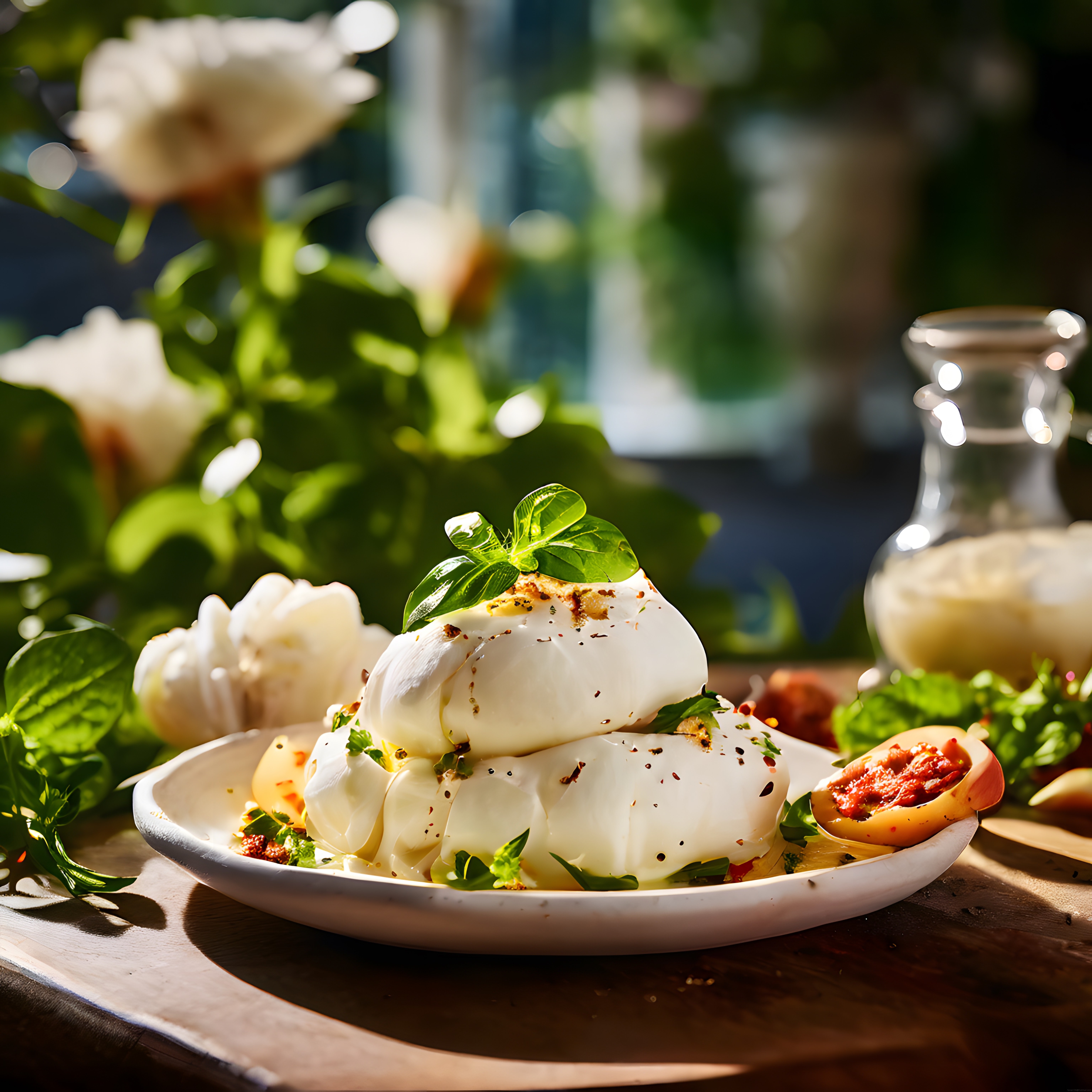 güneş ışığında taze burrata peyniri ve fesleğen ile şık sunum