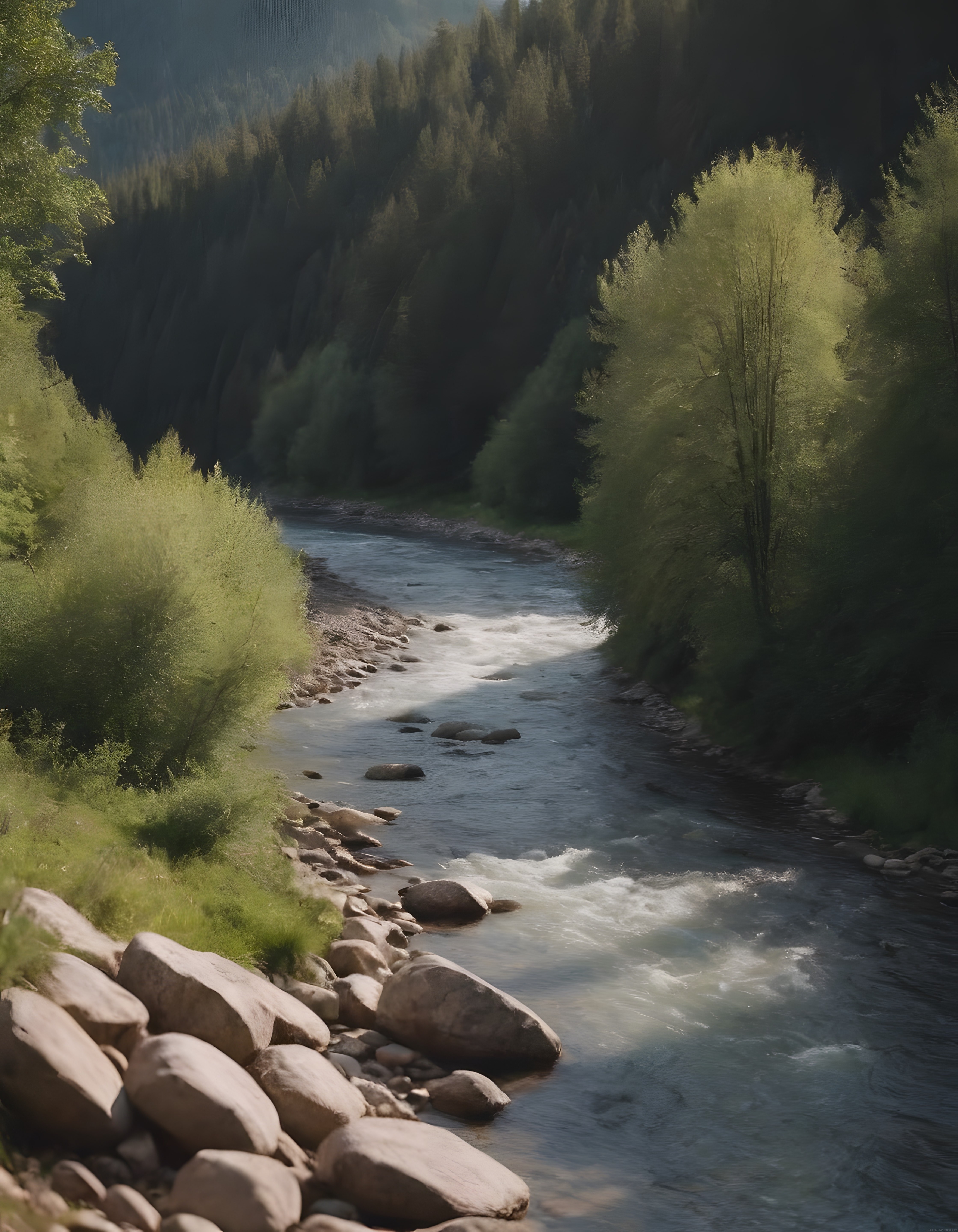 Güneş ışığında yemyeşil vadiyi delip geçen berrak dağ nehri ve taşlı kıyılar