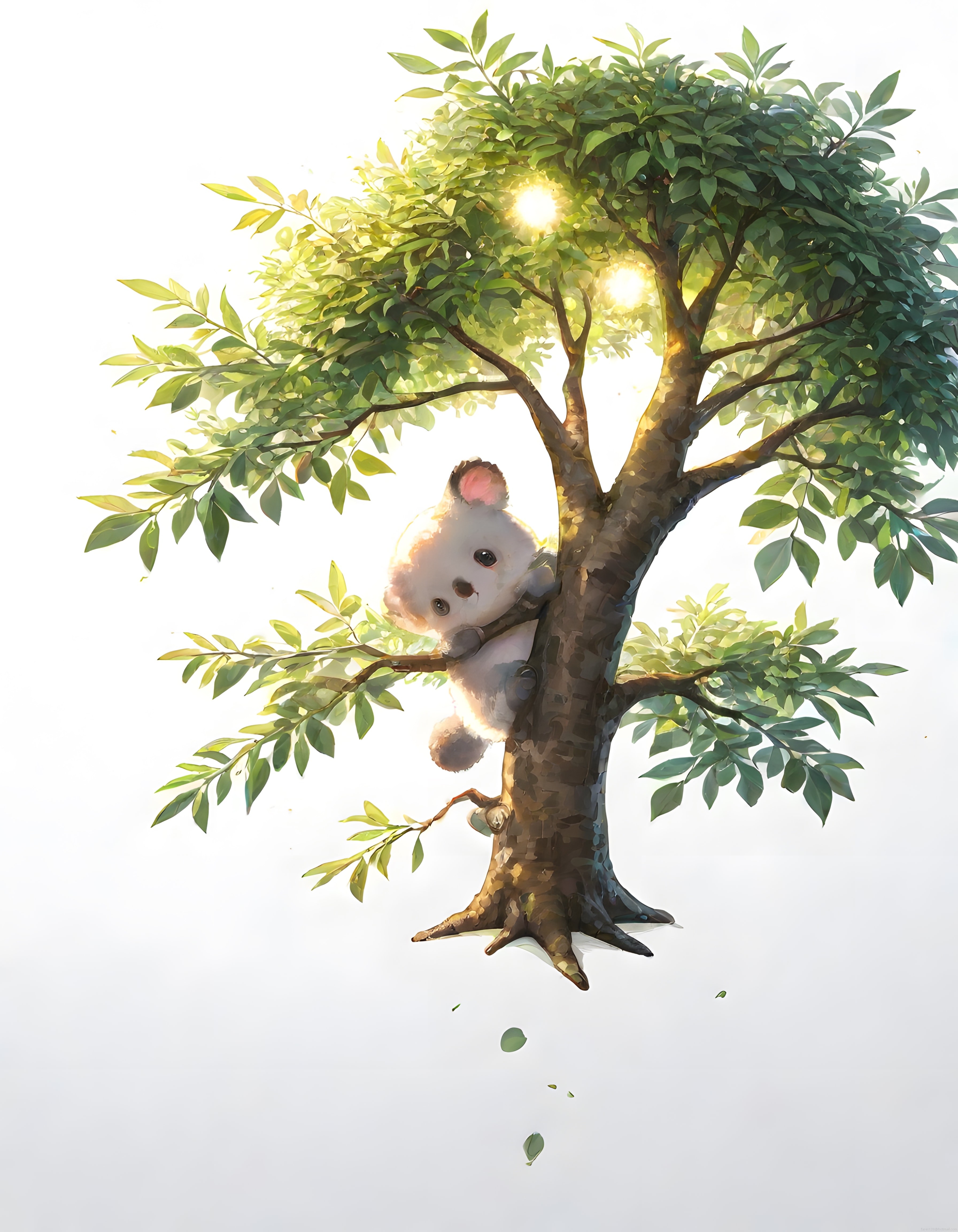 Güneş Işığıyla Süslü Yeşil Yapraklı Ağaçta Oturan Sevimli Koala Çizimi