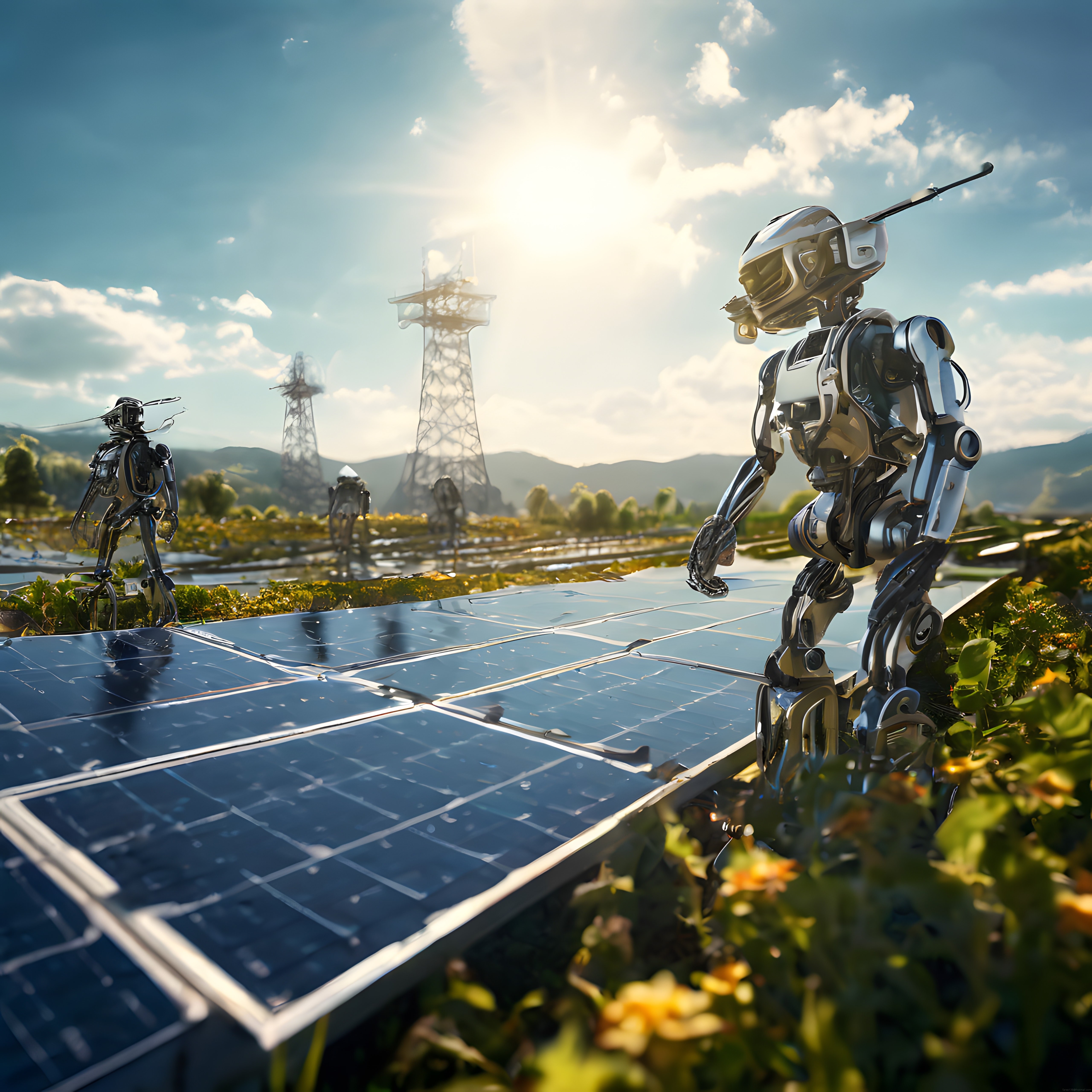 Güneş panelleri üzerinde görev yapan insansı robotlar ve yeşil enerji teknolojileri