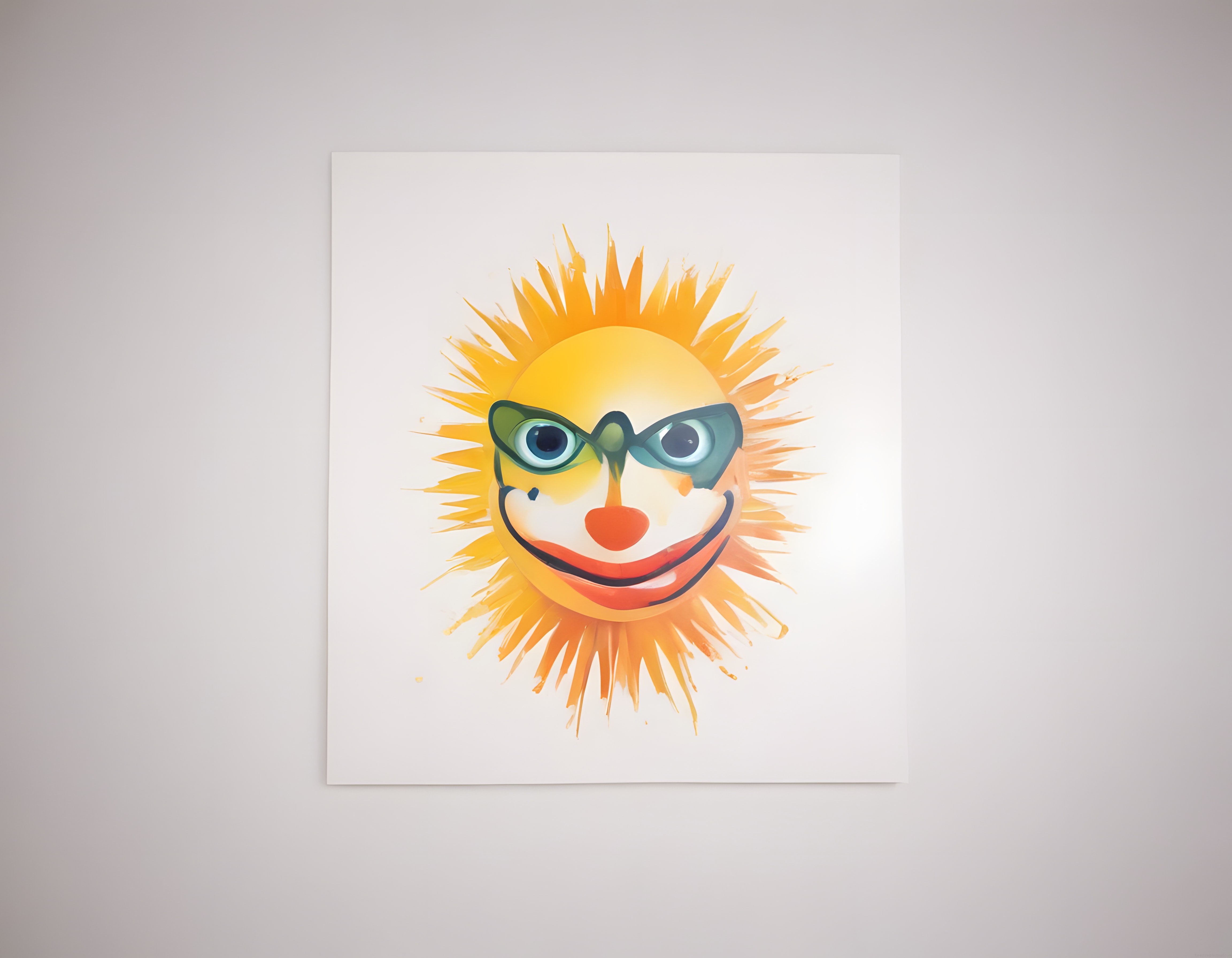 Güneş şeklinde palyaço suratı içeren suluboya duvar tablosu ve sanat eseri