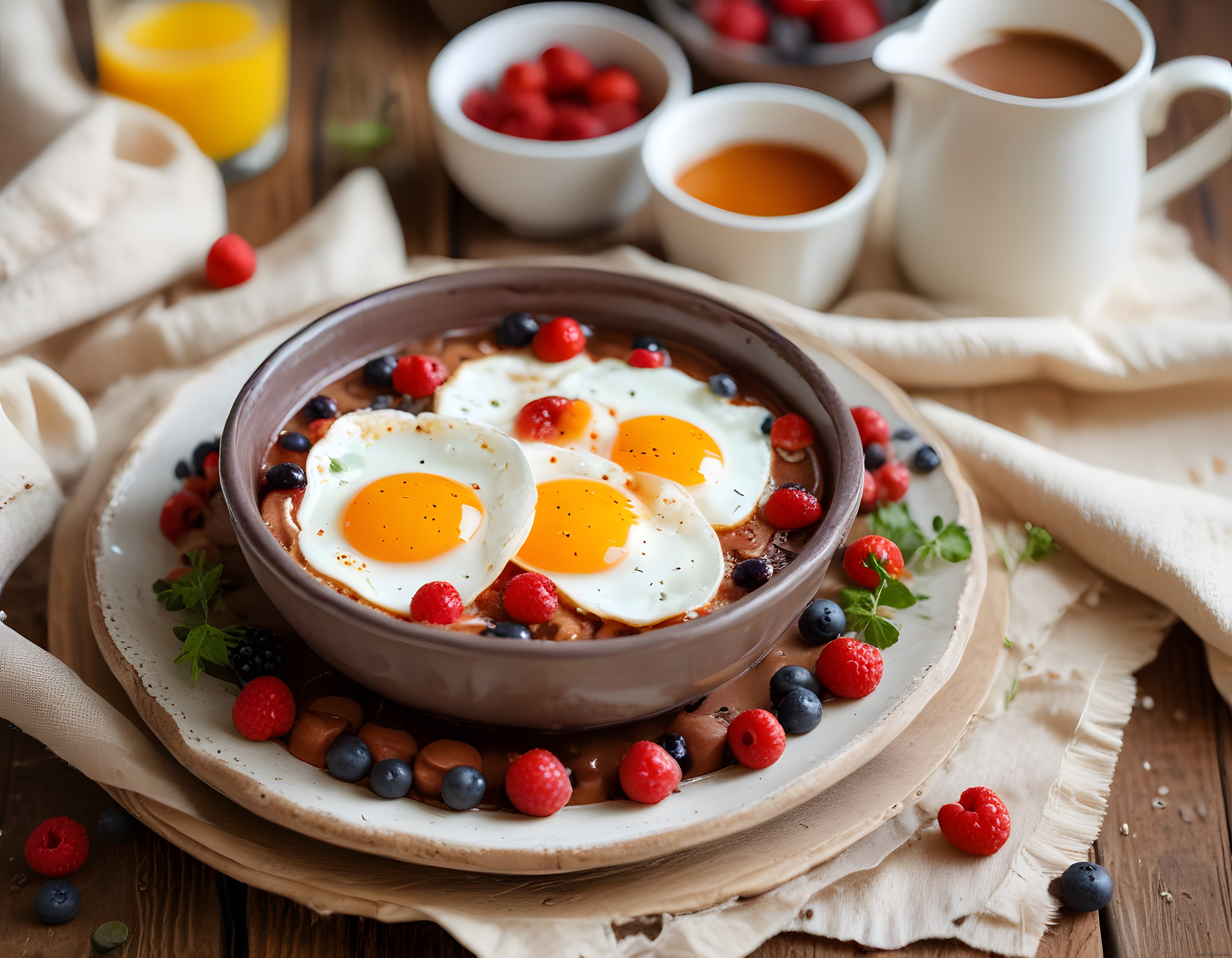 Güneş Yanı Yumurta ve Taze Orman Meyveliyle Huzurlu Bir Kahvaltı Masası