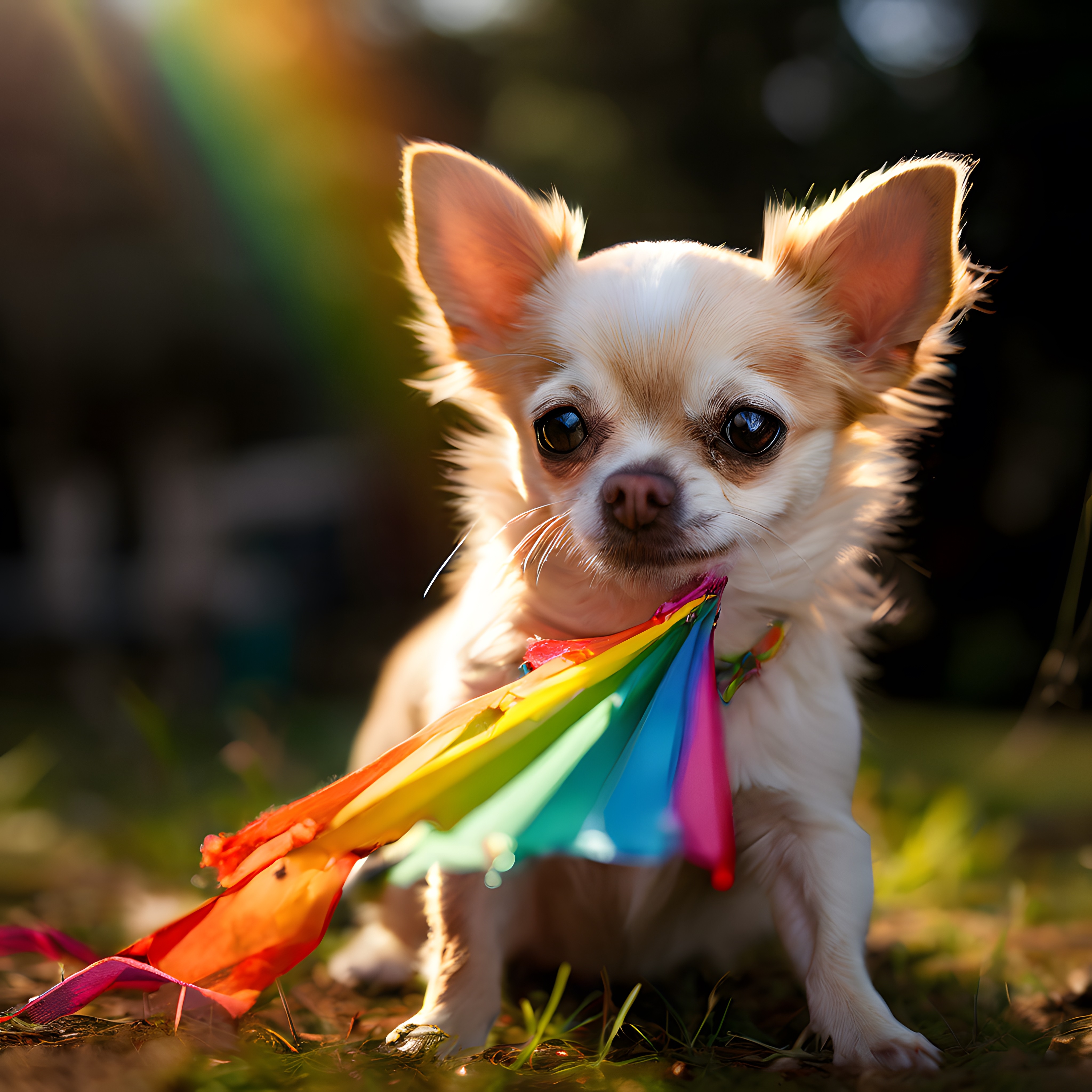 Güneşin Altında Gökkuşağı Kurdelesiyle Oturan Sevimli Chihuahua Köpek