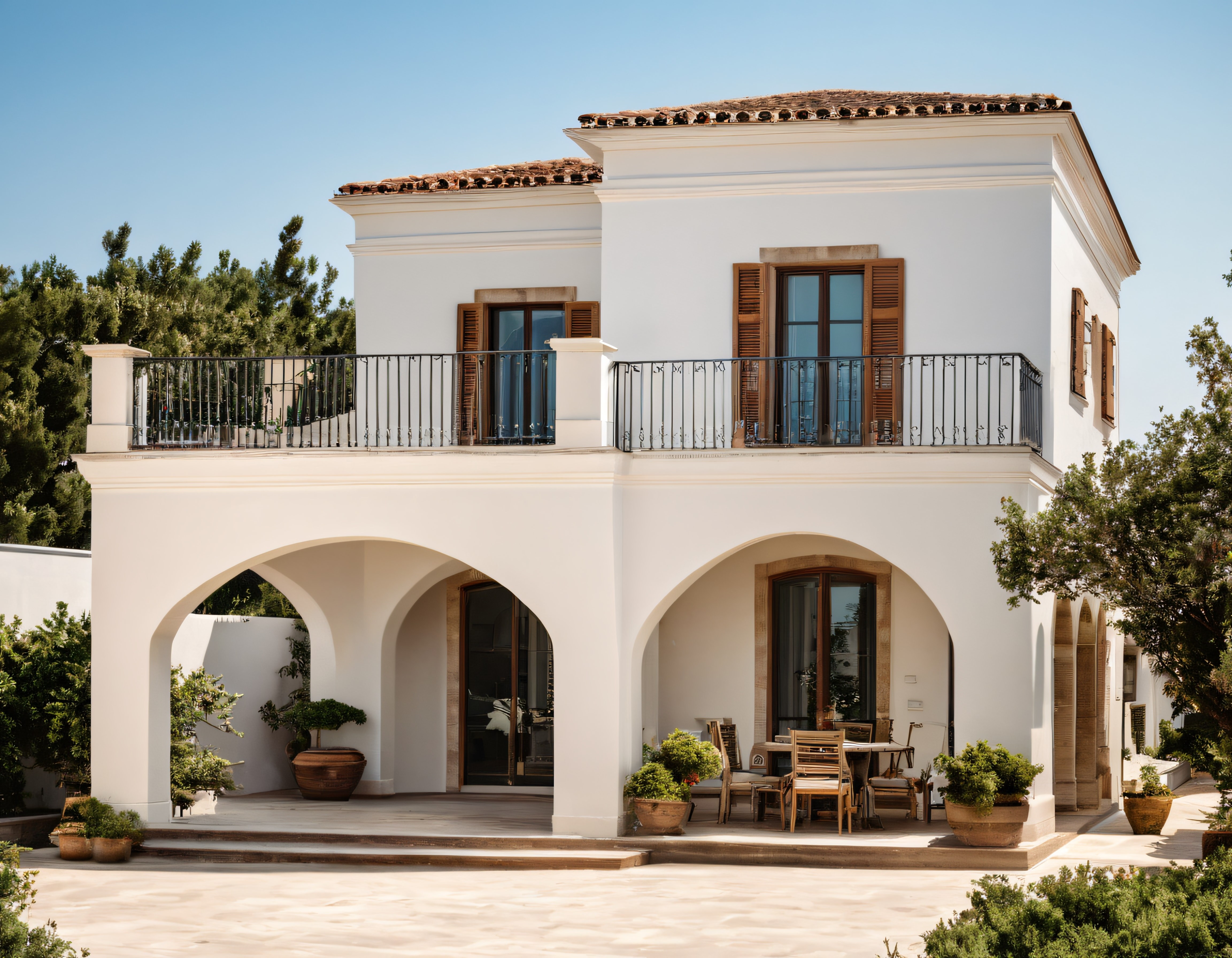 Güneşli Akdeniz Gününde Beyaz Boyalı Taşlı Villa ve Yeşil Bahçe
