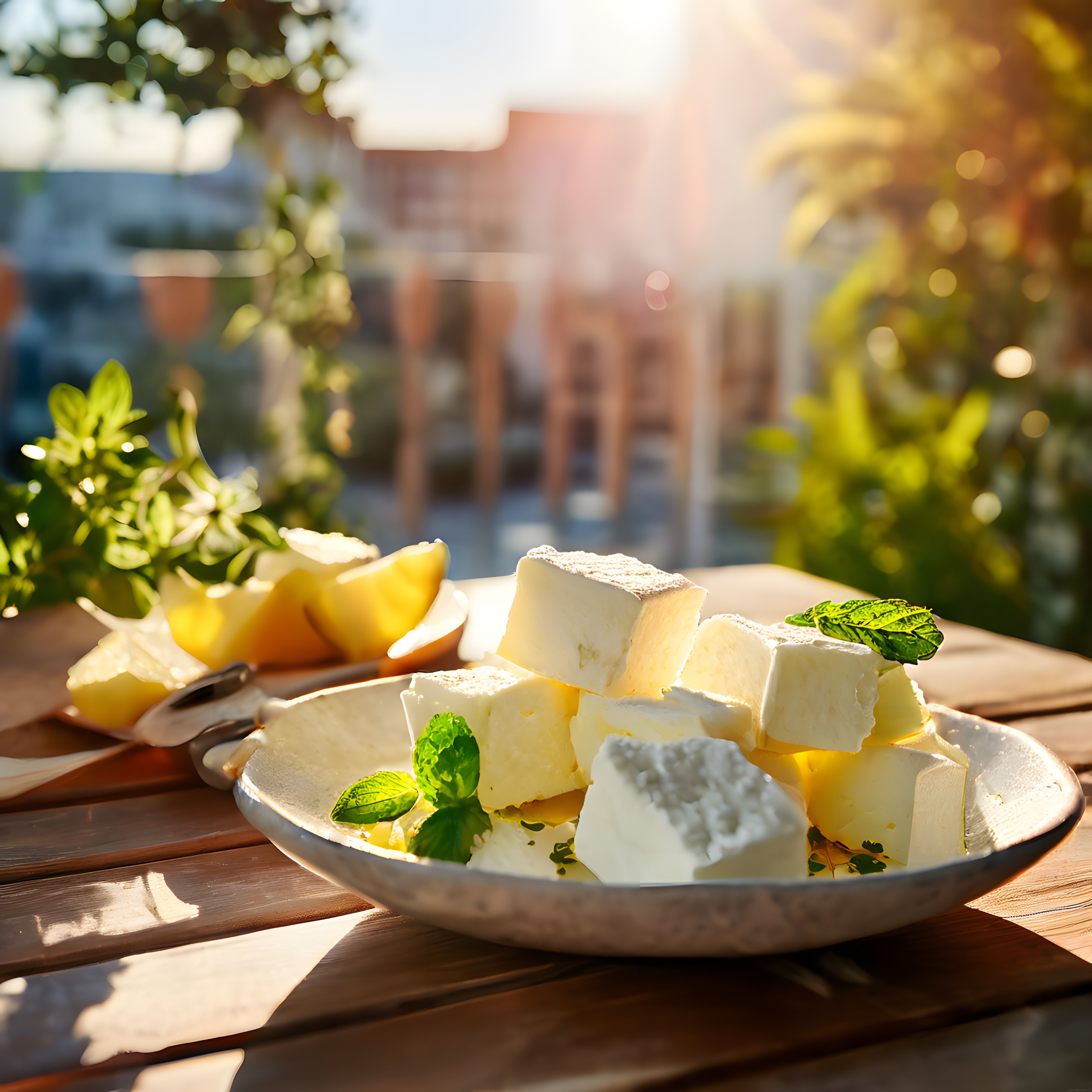 Güneşli Bir Günde Bahçede Naneli Beyaz Peynir Tabağı ve Limon Eşliği