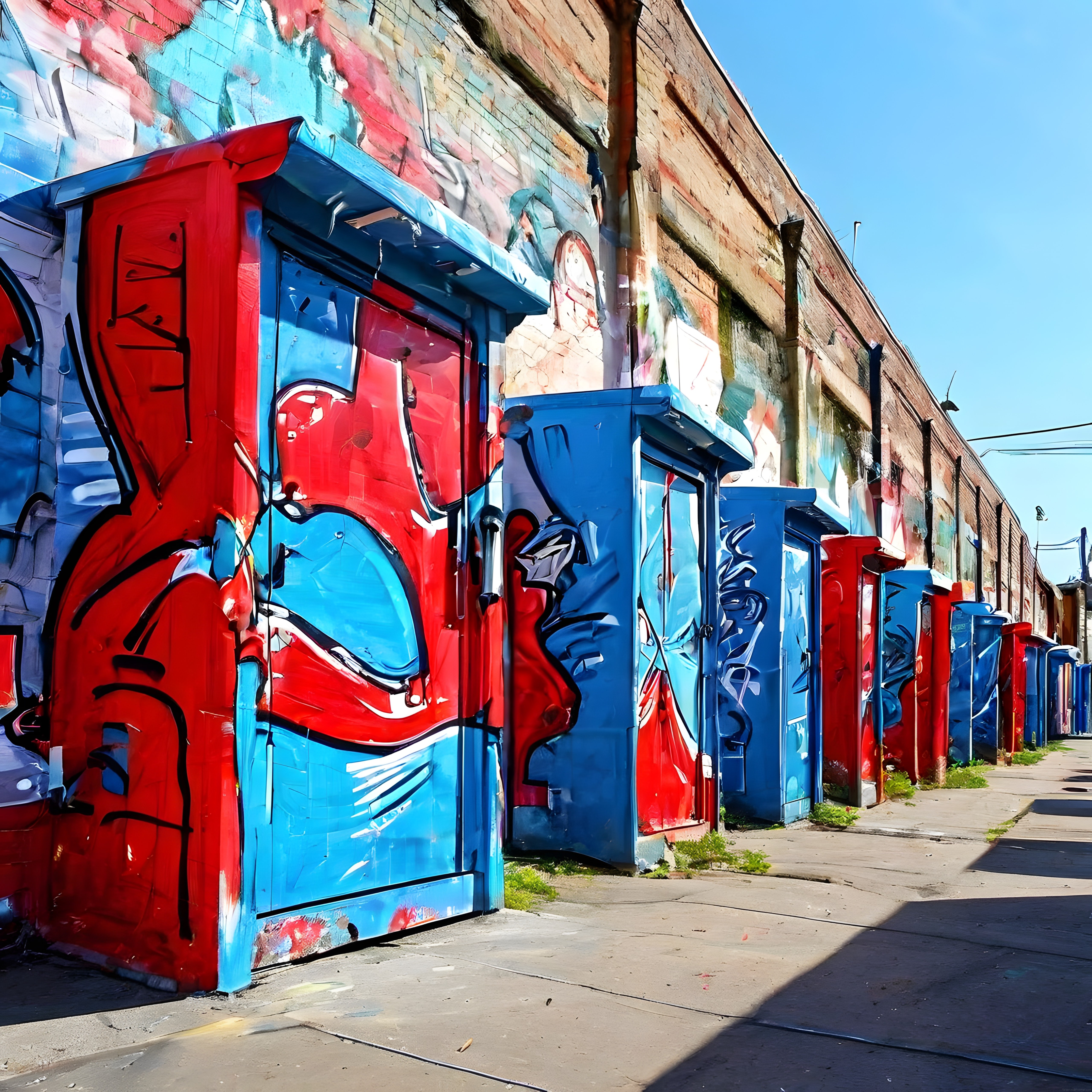 Güneşli bir günde renkli graffiti duvarlarıyla kaplı sanatsal sokak manzarası