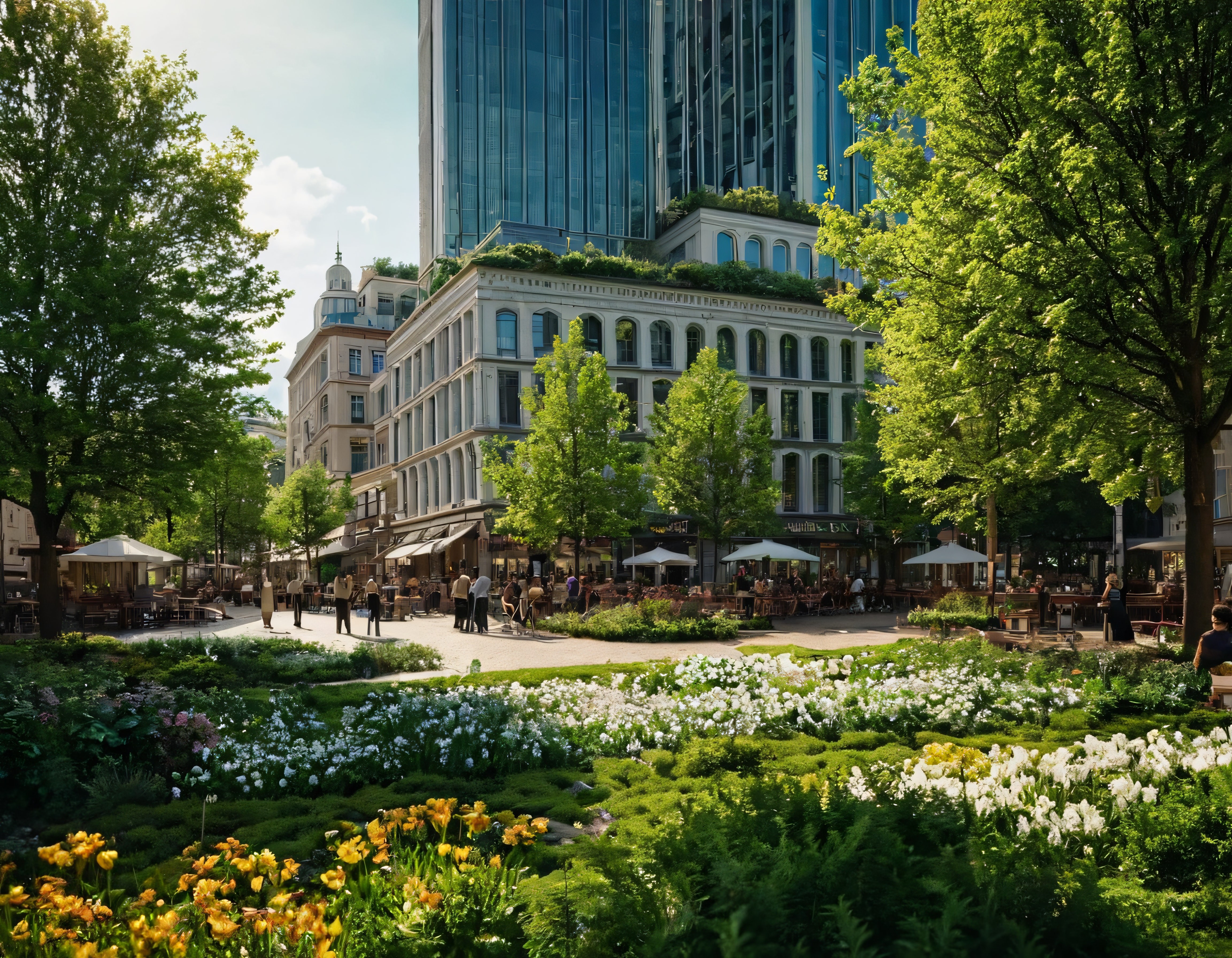 Güneşli bir günde tarihi binalar ve çiçeklerle çevrili modern şehir parkı