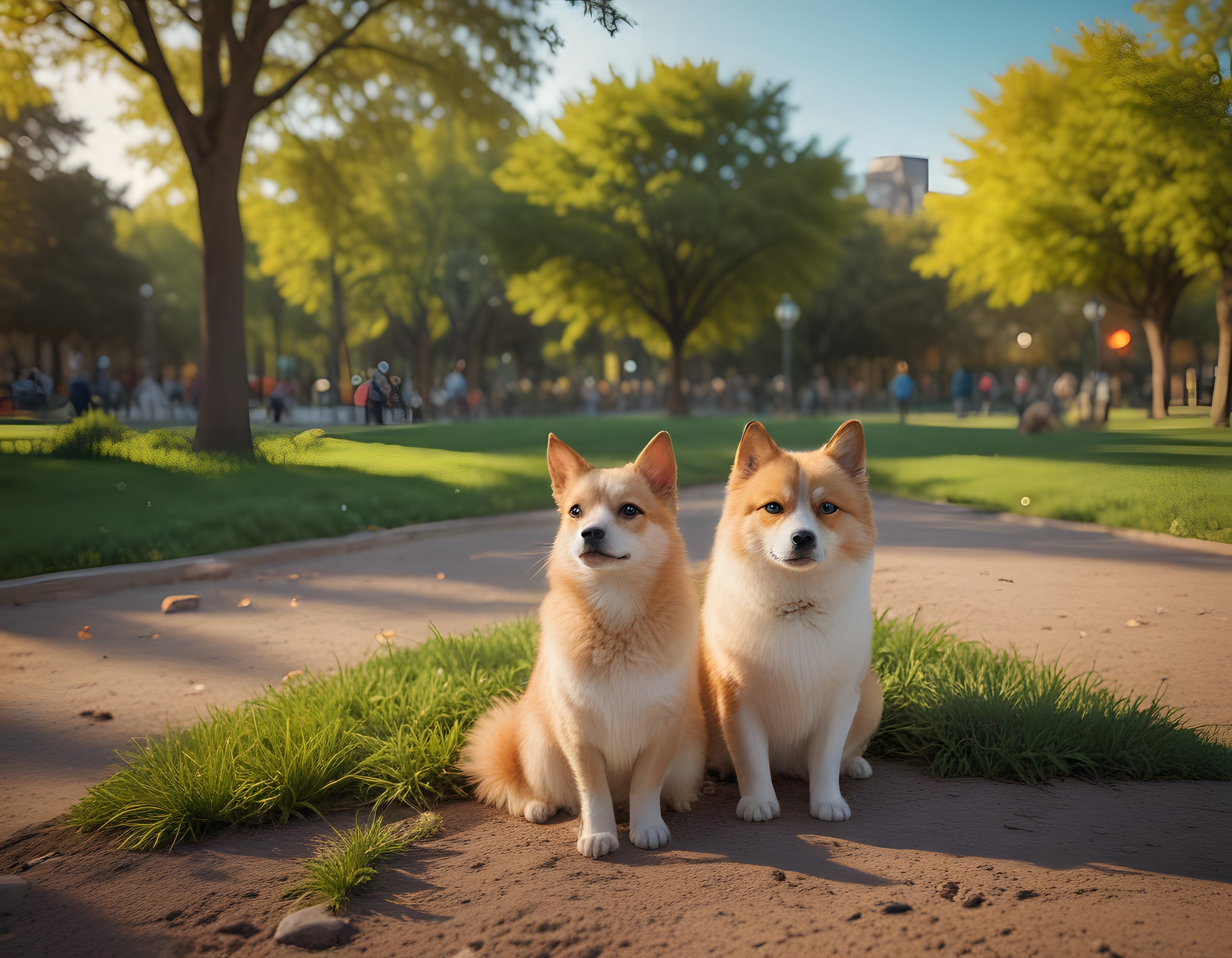 Güneşli Bir Parkta Oturan İki Sevimli Corgi Köpek Kardeş Portresi