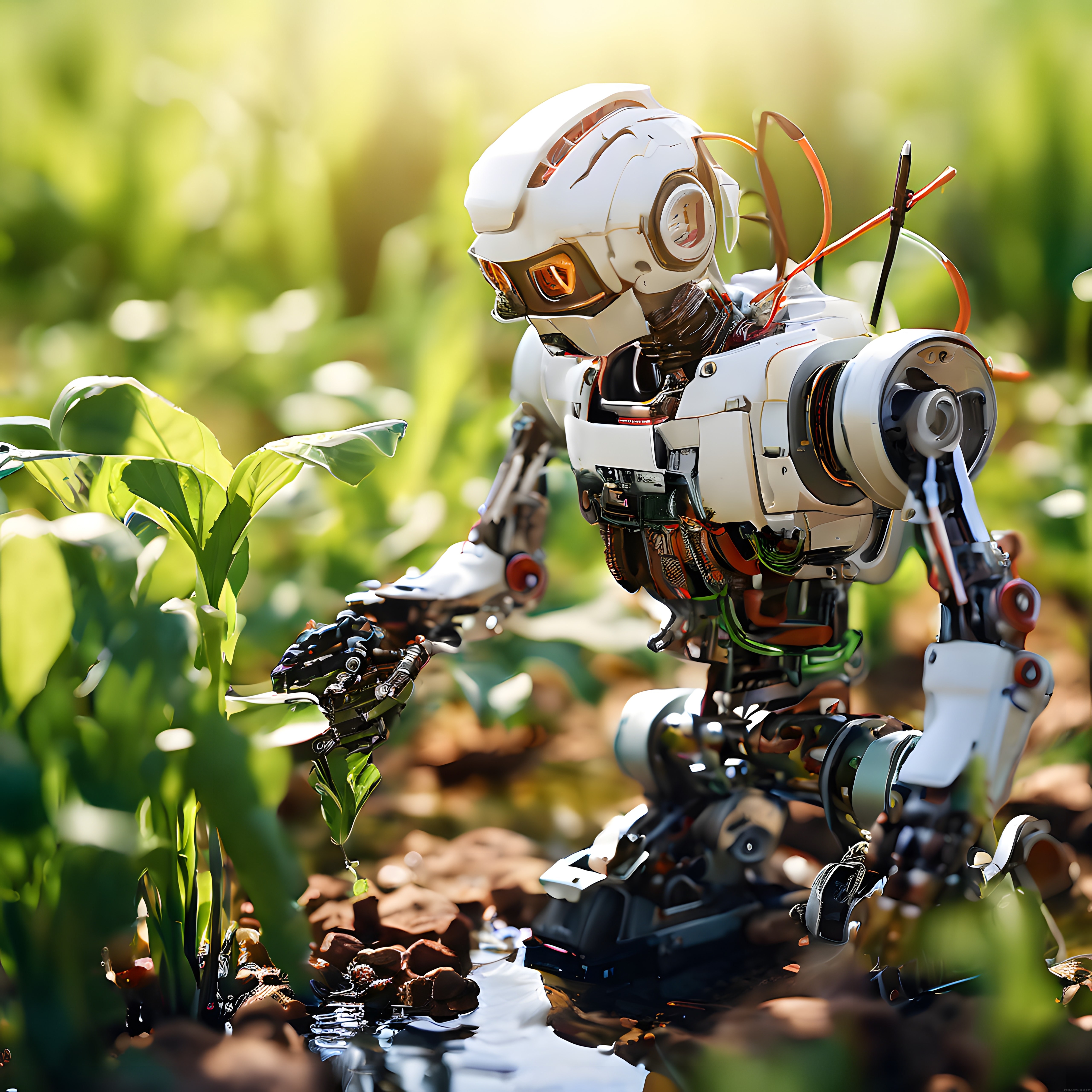 Güneşli doğada bitki gözlemleyen insansı robot ve yeşil teknoloji harikası