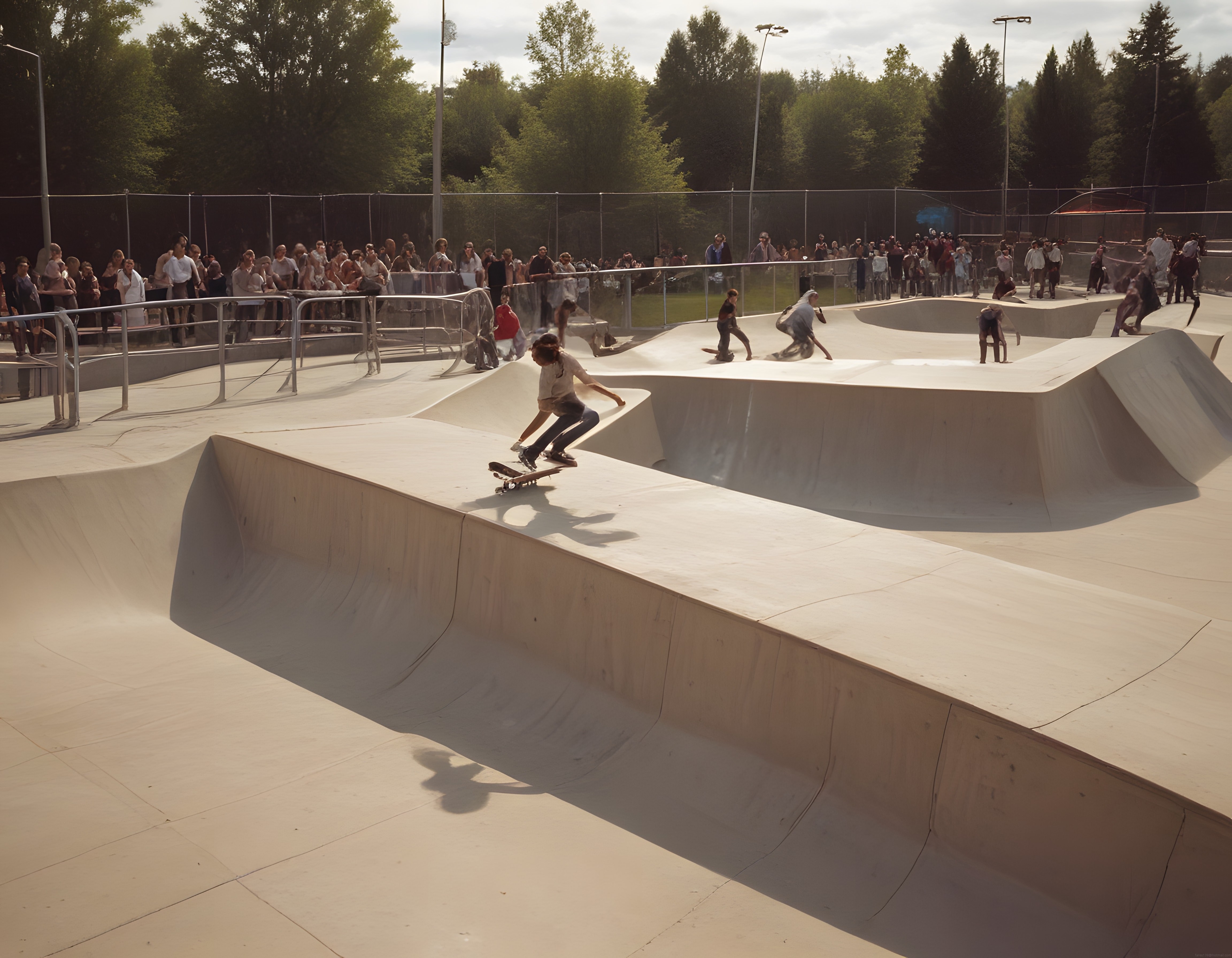 Güneşli Günde Kalabalık Skate Parkında Kaykay Yapan Genç Sporcu