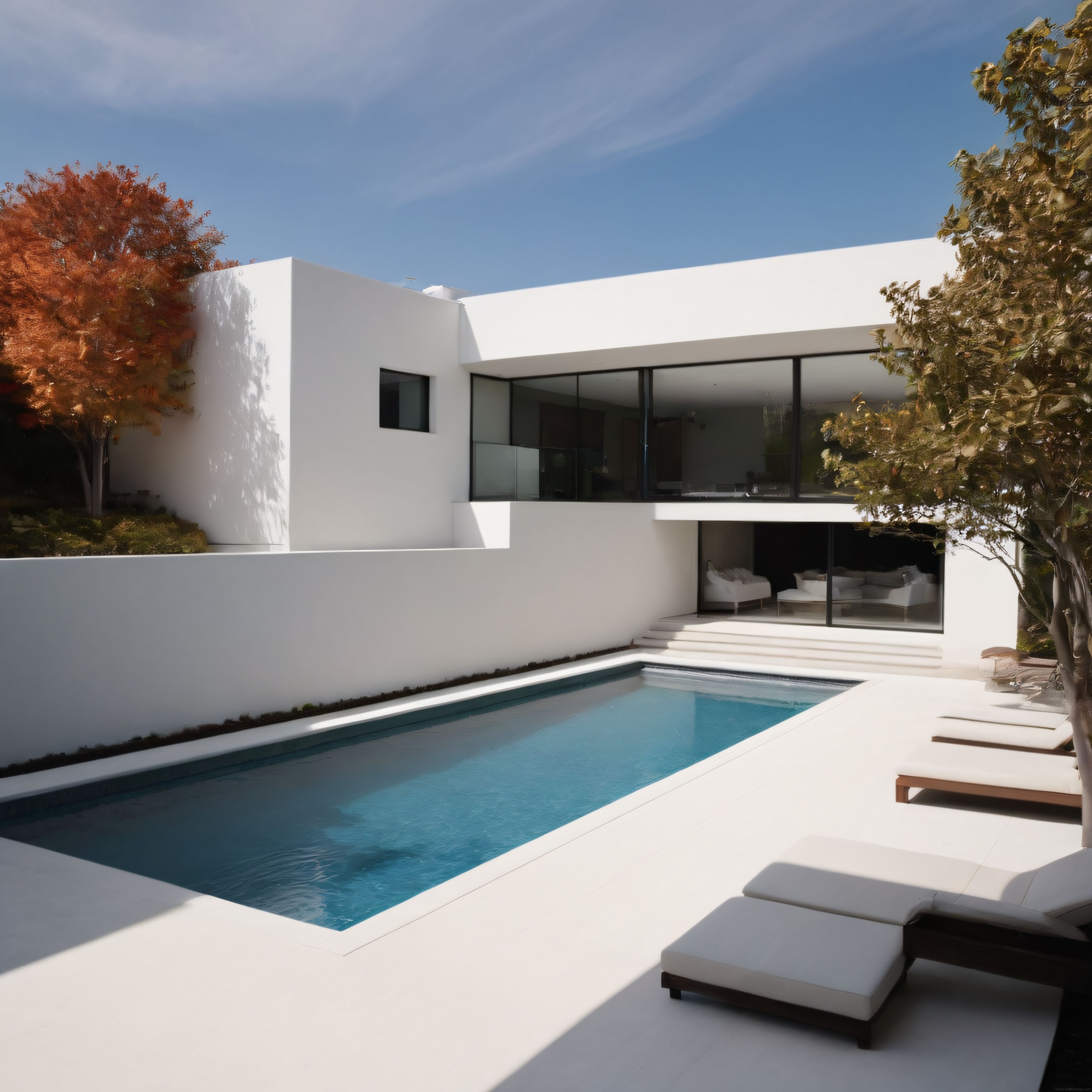 Güneşli Havada Beyaz Modern Villa ve Mavi Yüzme Havuzlu Lüks Mimari Mekan