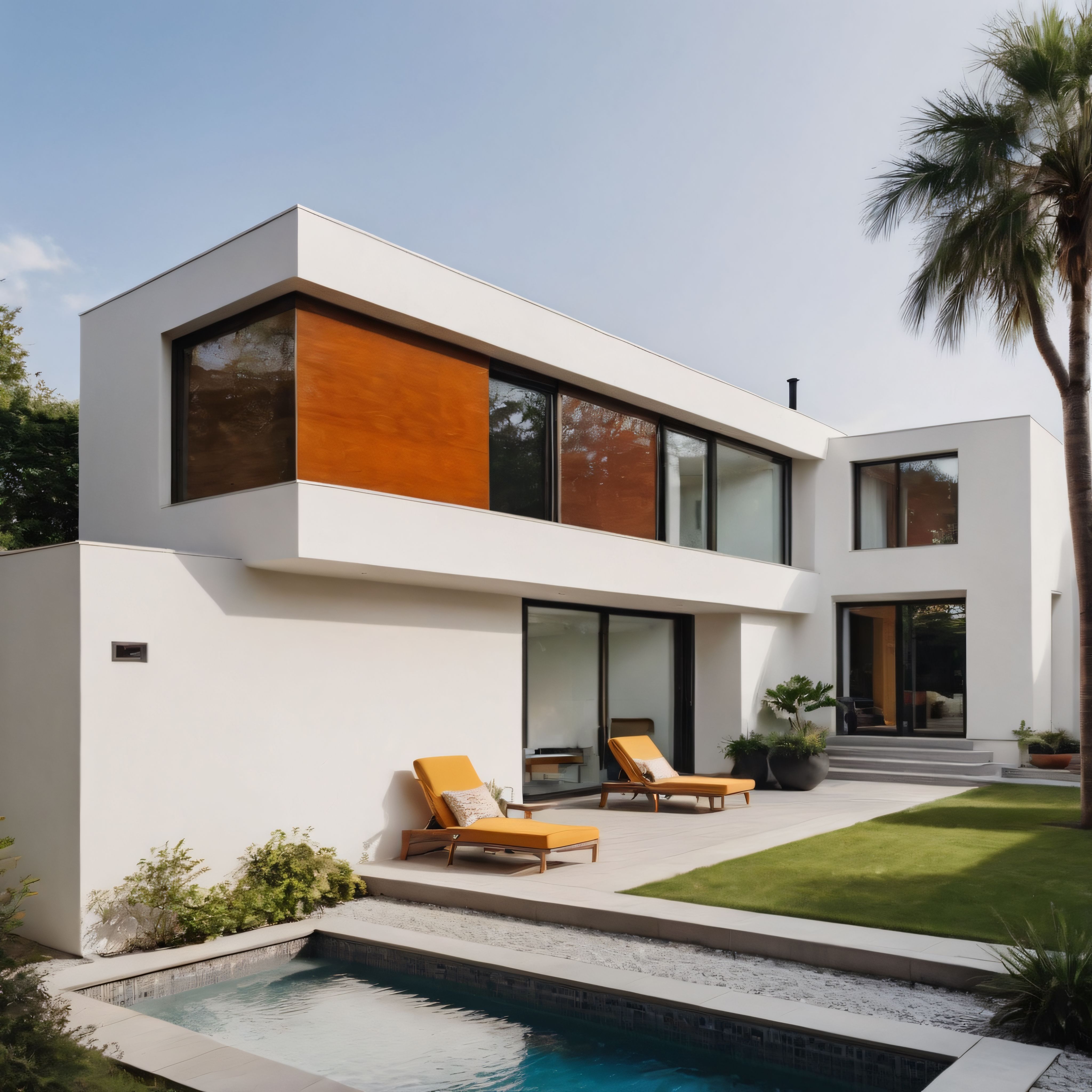 Güneşli havada beyaz modern villa ve yemyeşil bahçe havuz alanı