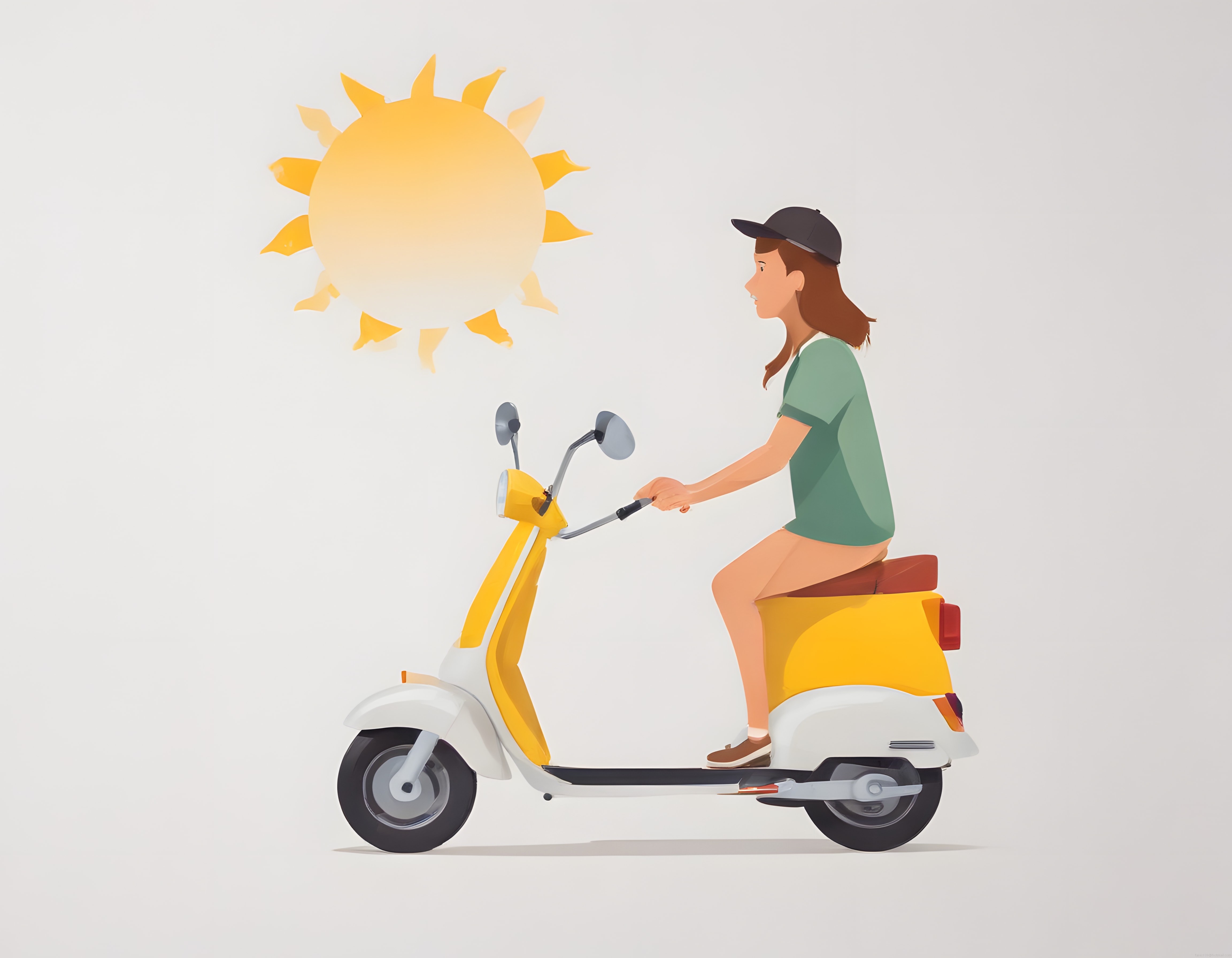 Güneşli Havada Sarı Scooter İle Yolculuk Eden Genç Kadın İllüstrasyonu