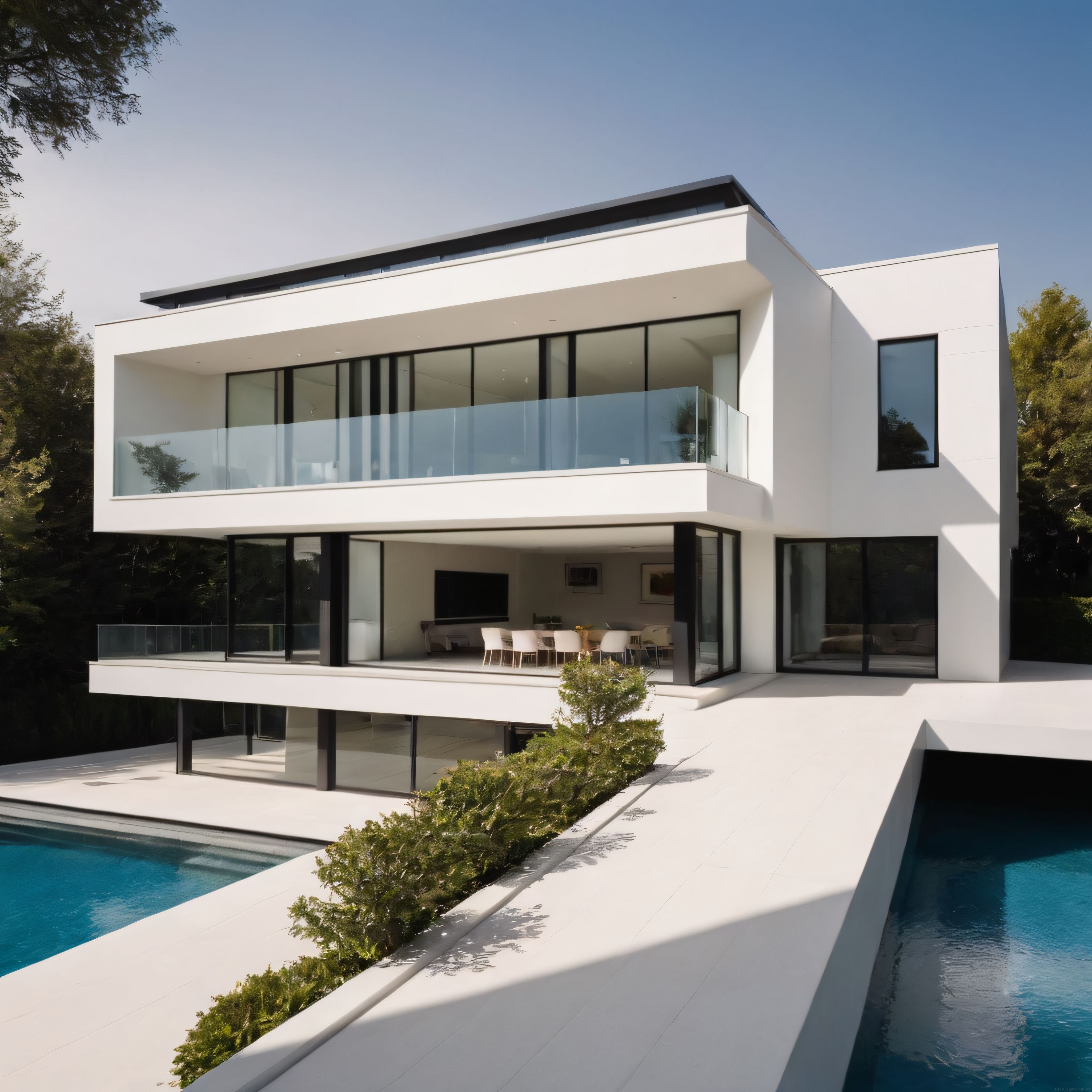 Güneşli Ormanda Beyaz Modern Villa ve Havuzlu Lüks Mimari Tasarım
