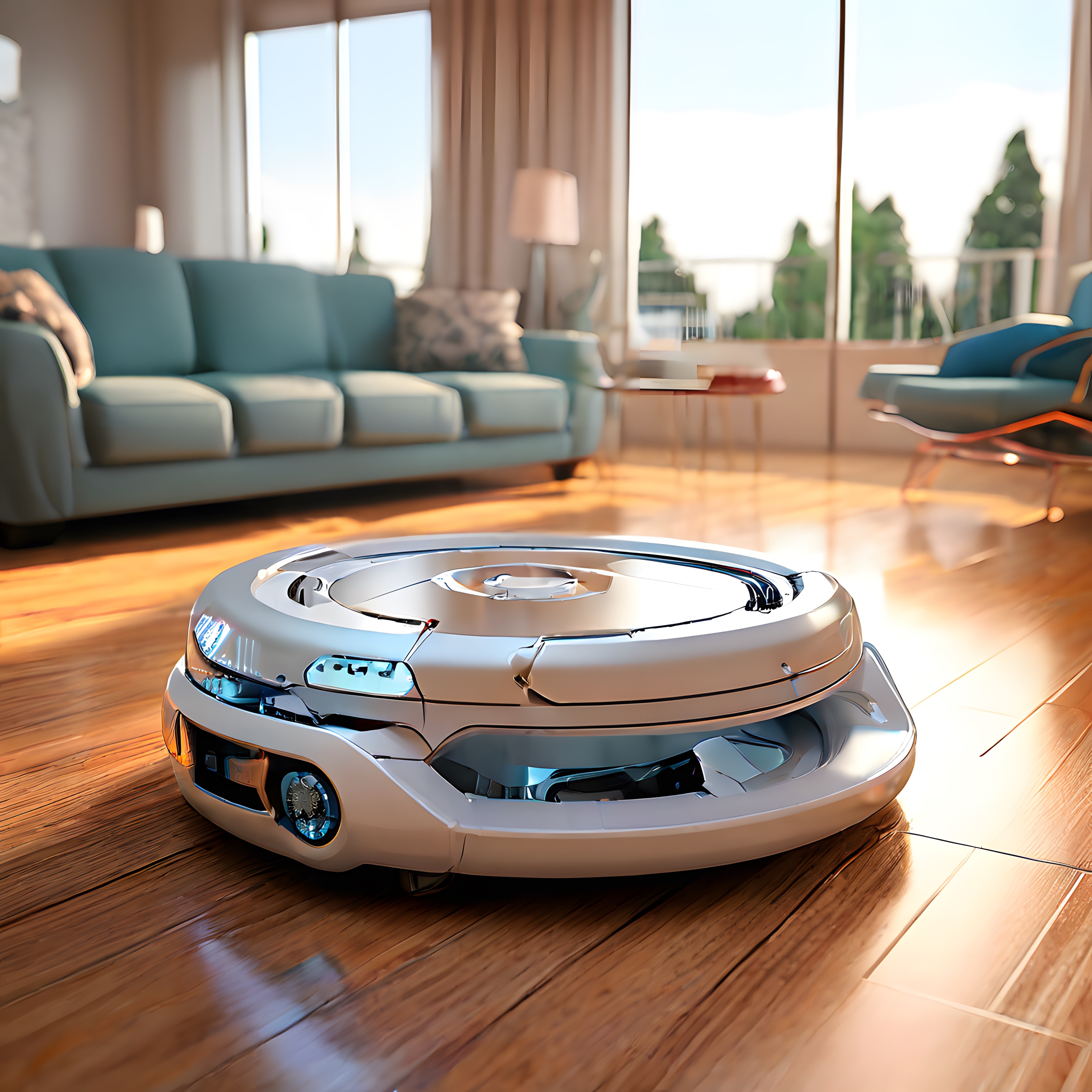 Güneşli oturma odasında parlak parkeli zeminde çalışan beyaz robot süpürge