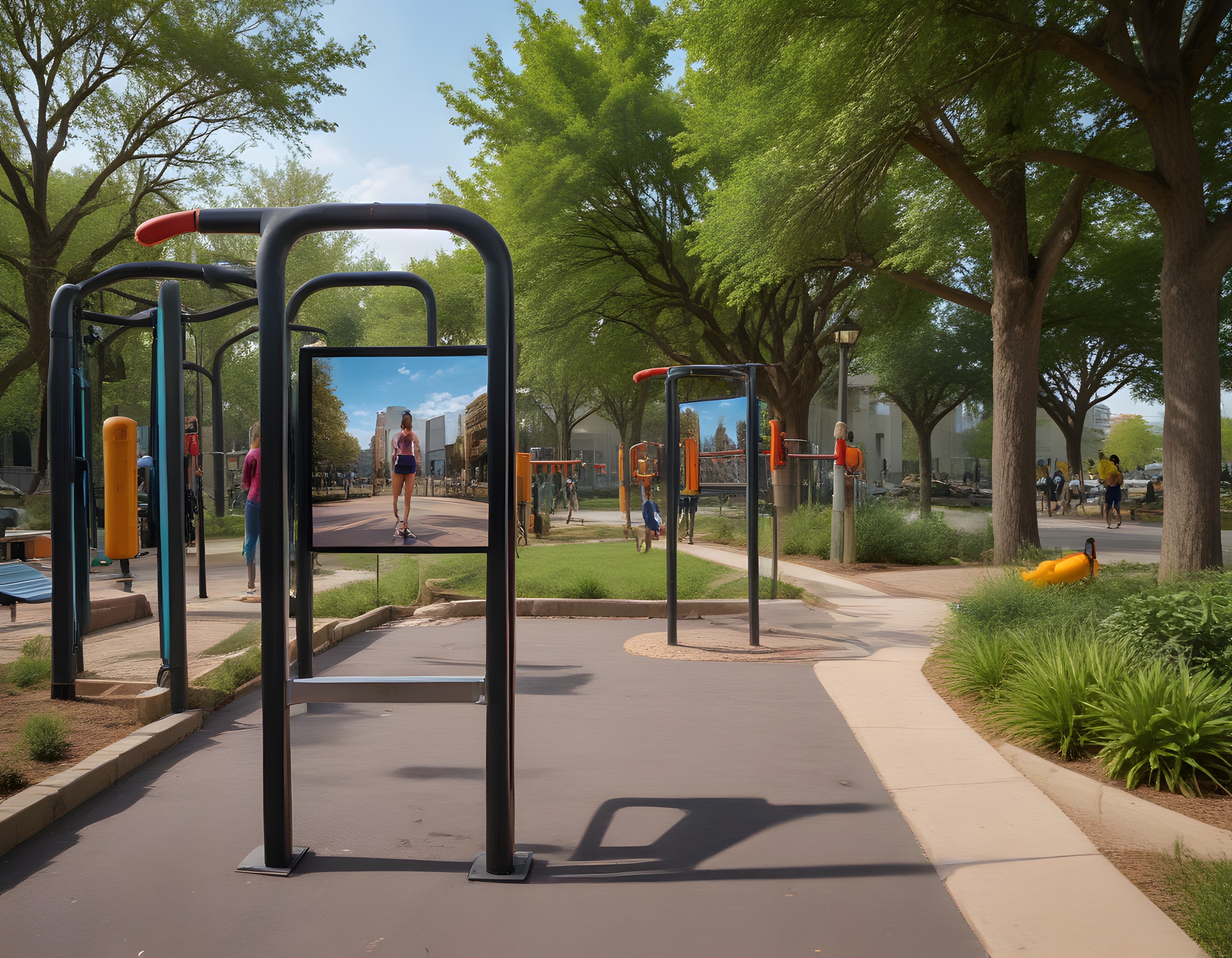 Güneşli parkta modern açık hava fitness ekipmanlarıyla spor keyfi