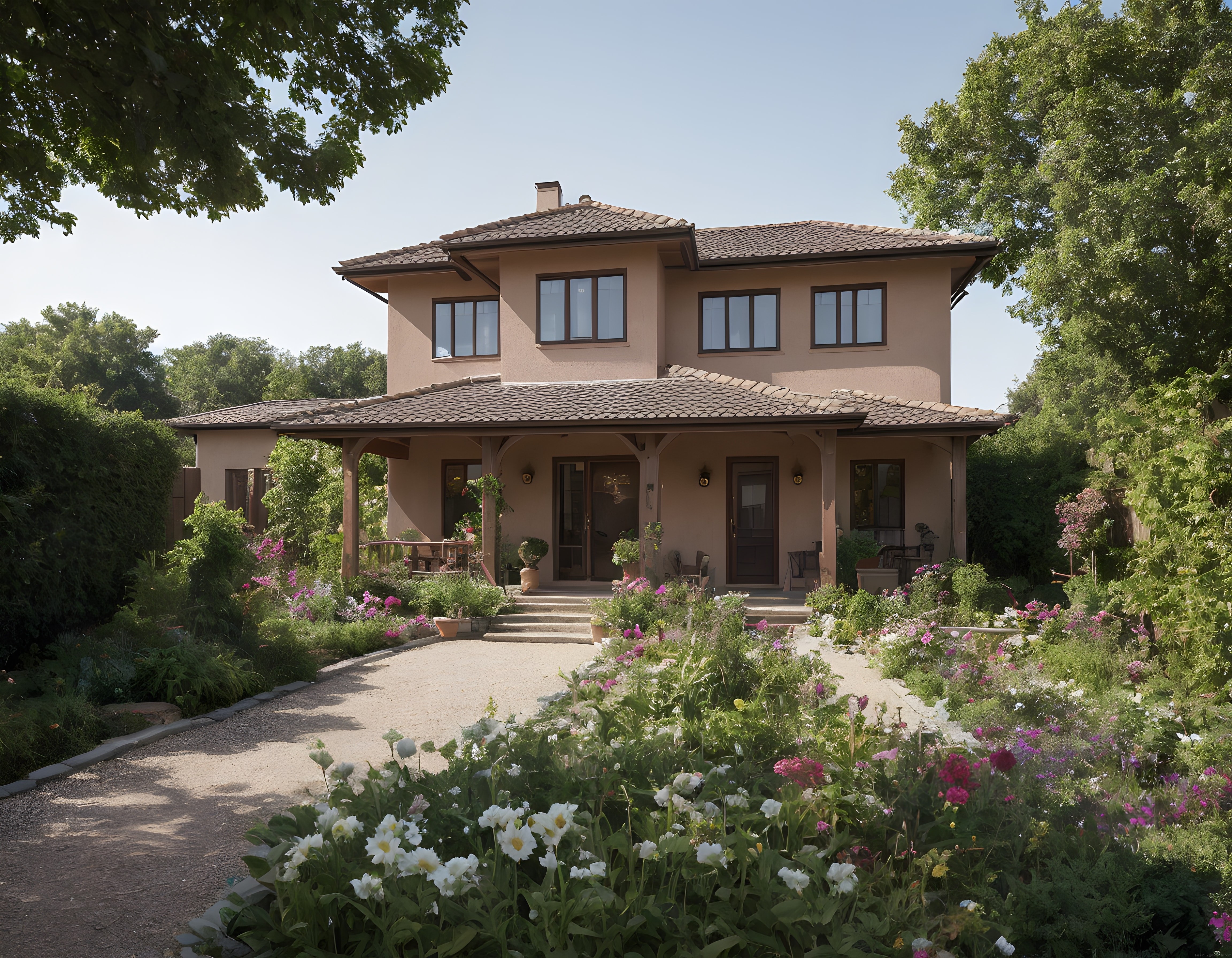 Güneşli Yaz Gününde Çiçeklerle Süslenmiş Huzurlu İki Katlı Villa Manzarası