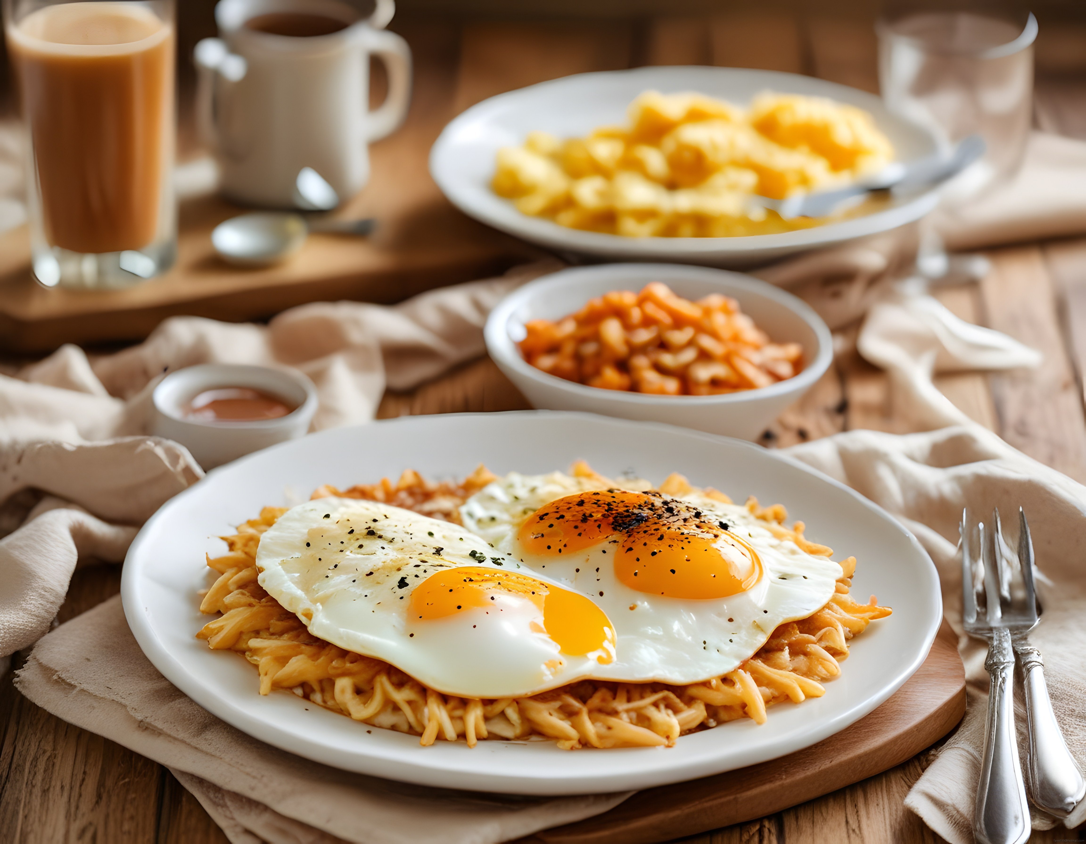 güneşte yumurtalı hash brown kahvaltı tabağı rustik ahşap masa sunumu