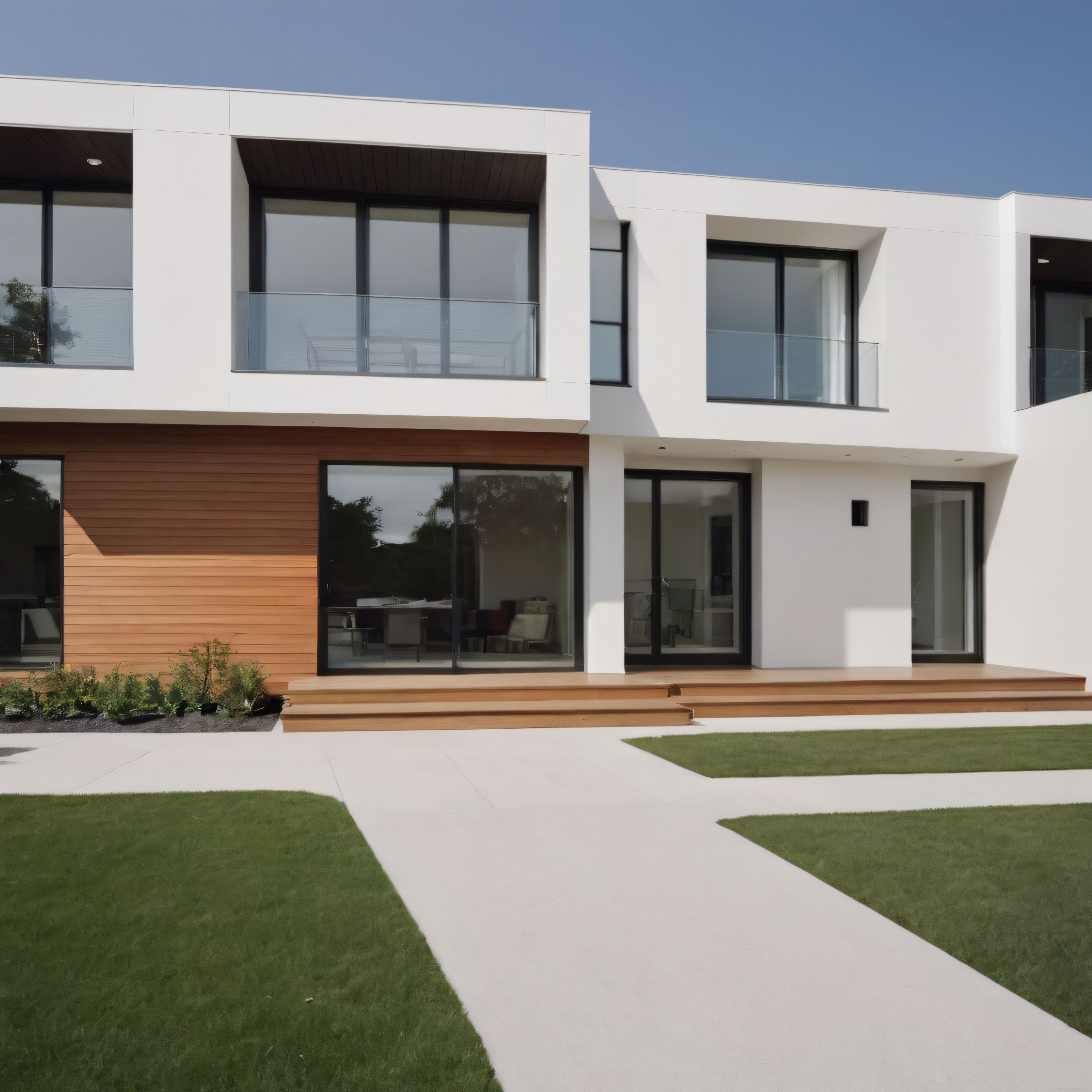Günışığında Parlayan Beyaz ve Ahşap Detaylı Minimalist Modern Villa Cephesi