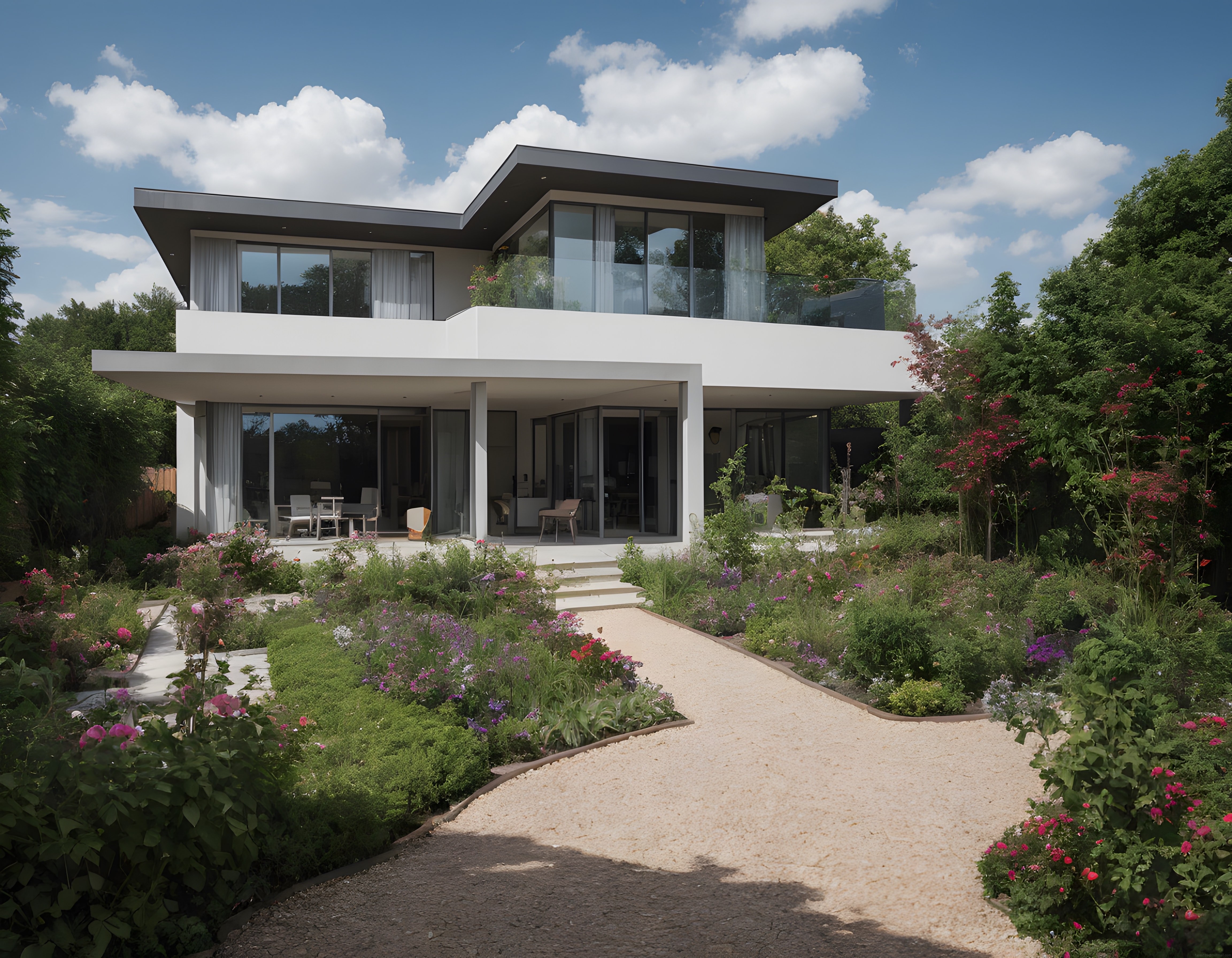 Günışığında Parlayan Modern Beyaz Villa ve Yemyeşil Çiçek Bahçesi
