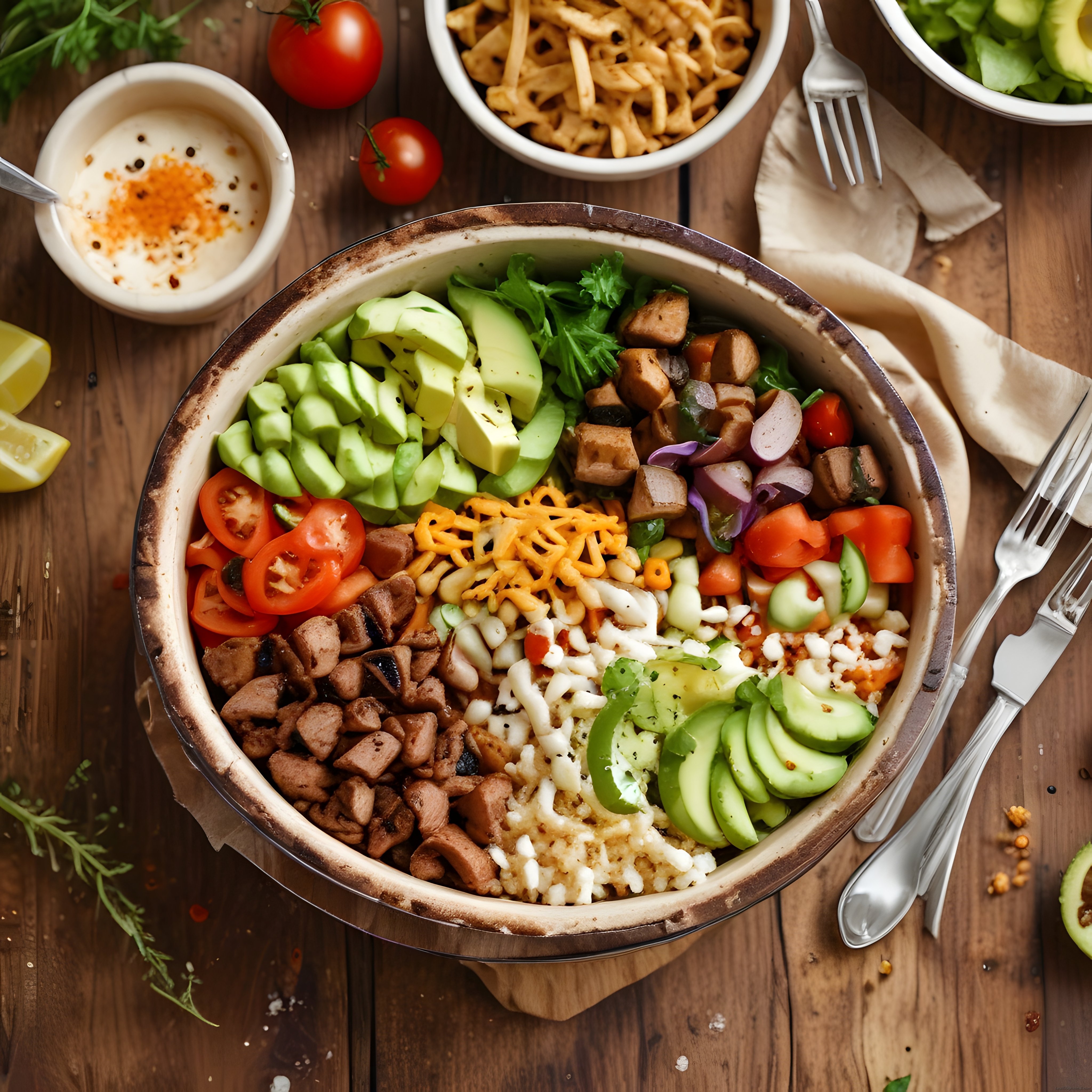 Günışığında Rustik Ahşap Masada Serilen Besleyici Avokadolu Salata Kasesi