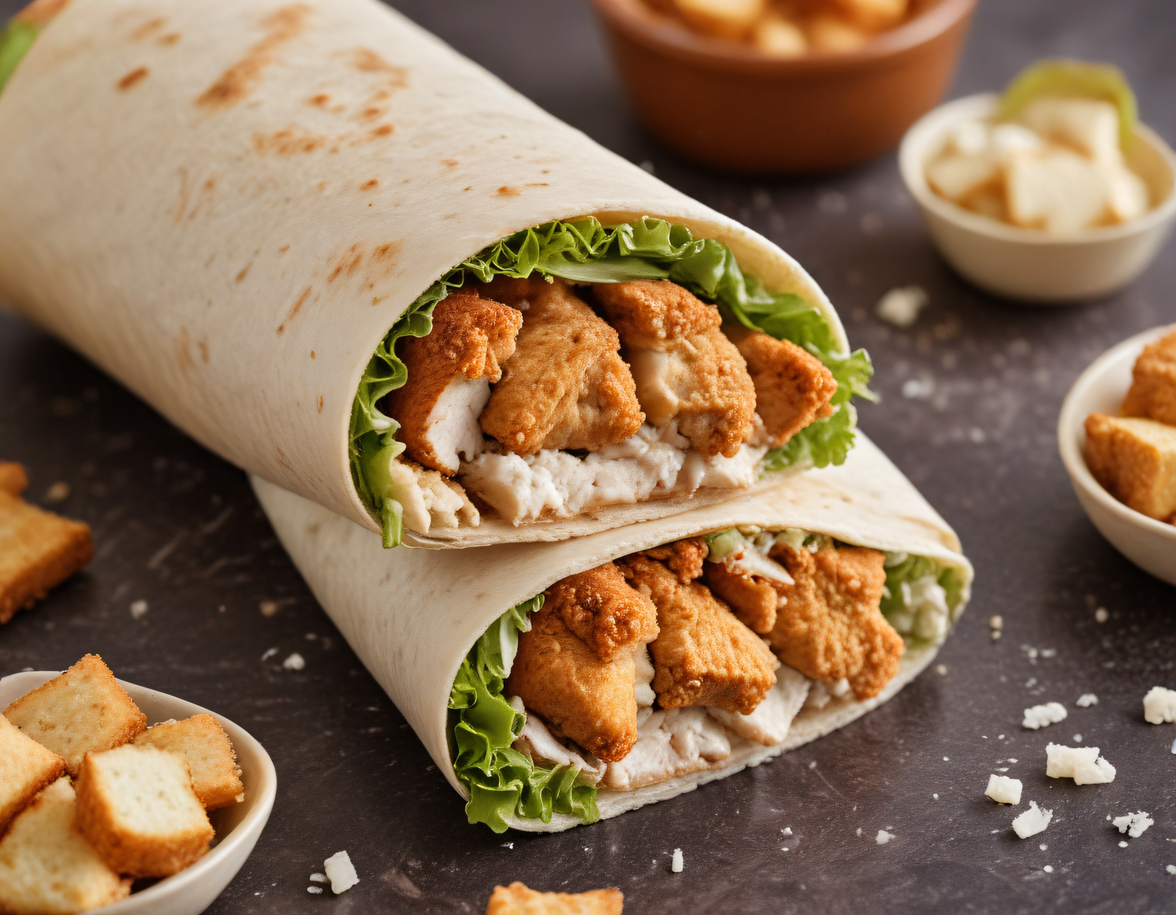Gurme Çıtır Tavuklu Lavaş Wrap ve Taze Yeşilliklerle Yanında Kruton Sunumu
