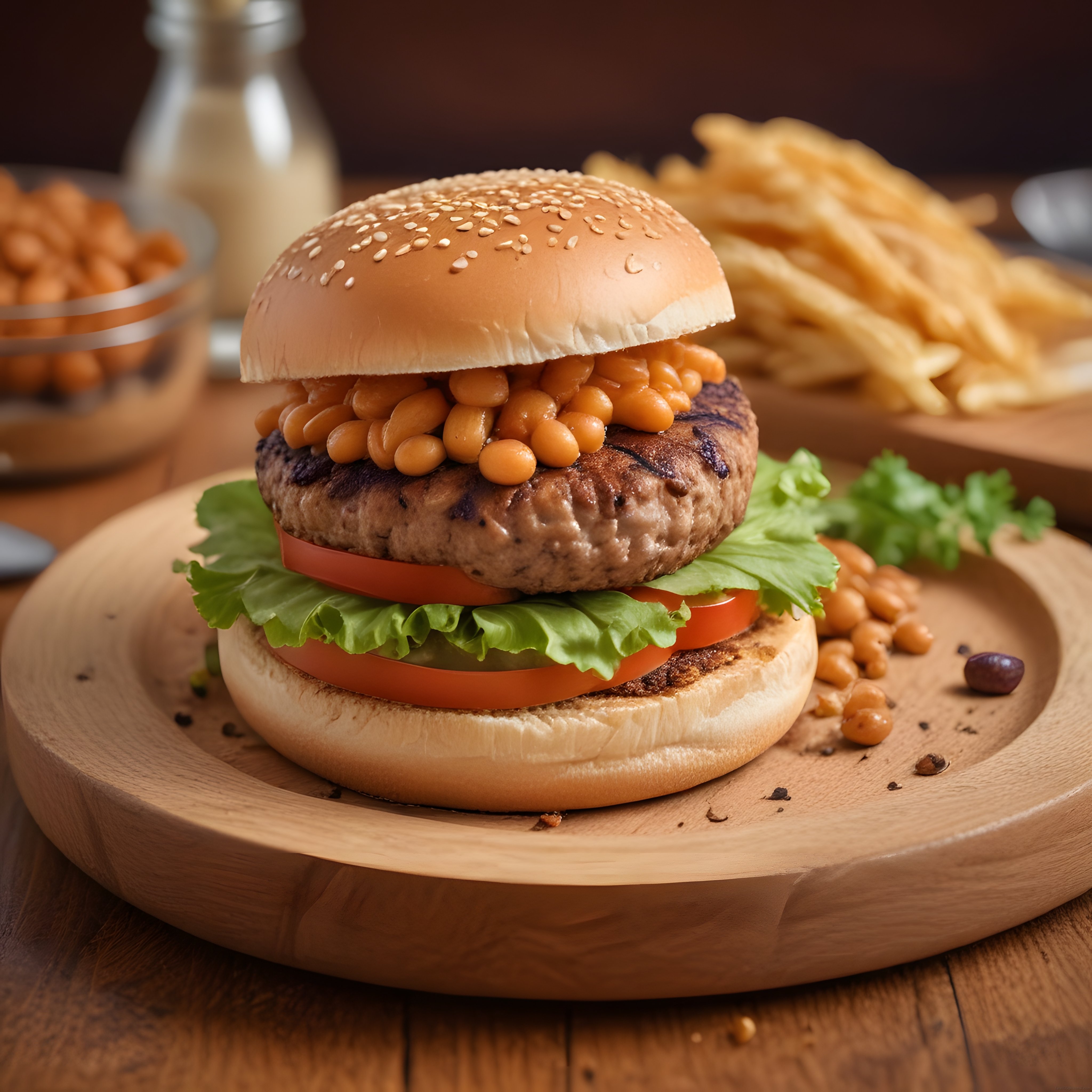 Gurme Fasulyeli Izgara Burger ve Patates Kızartması Ahşap Sunum Tahtasında