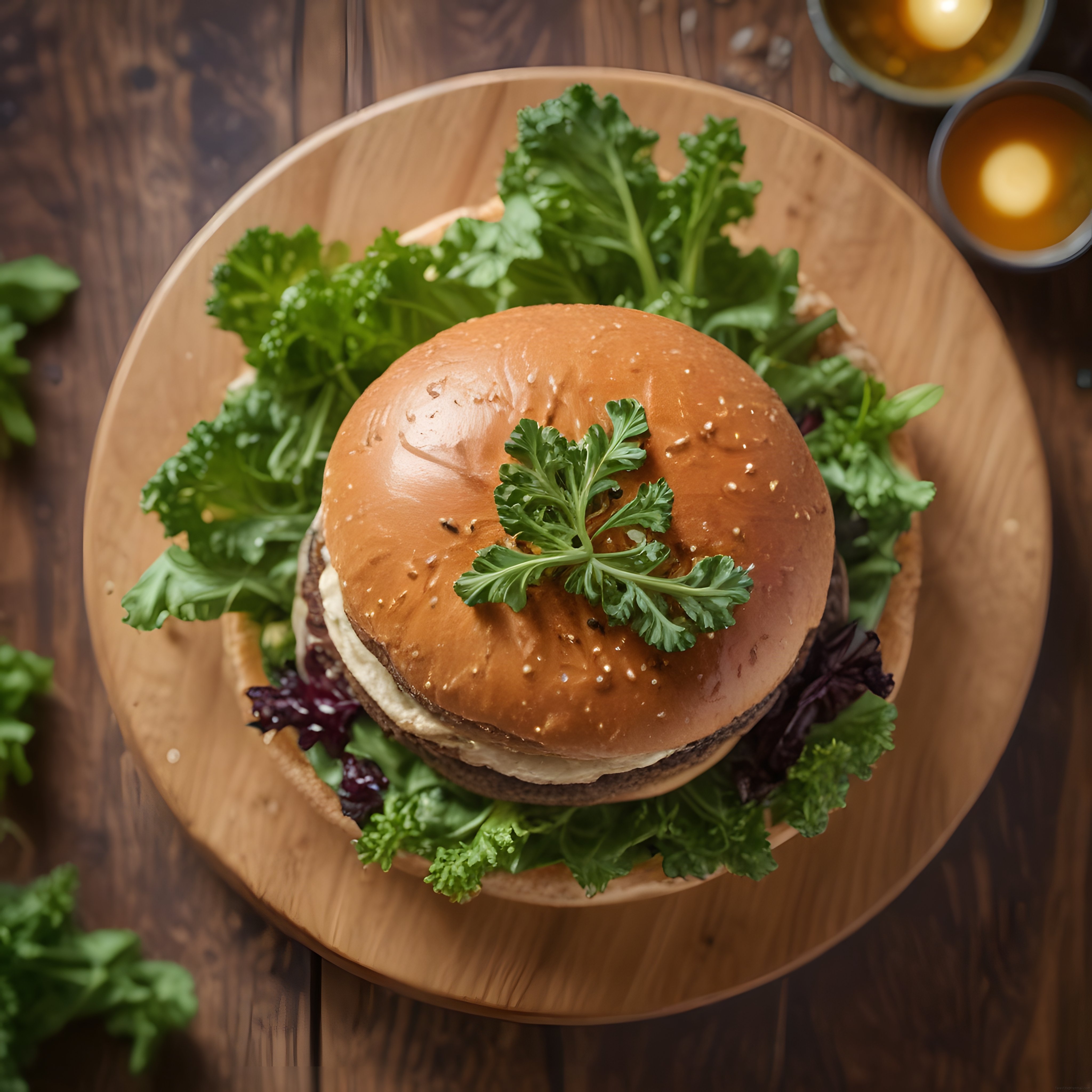 Gurme Hamburger Tarifi: Ahşap Tabakta Yeşilliklerle Süslenmiş Nefis Burger