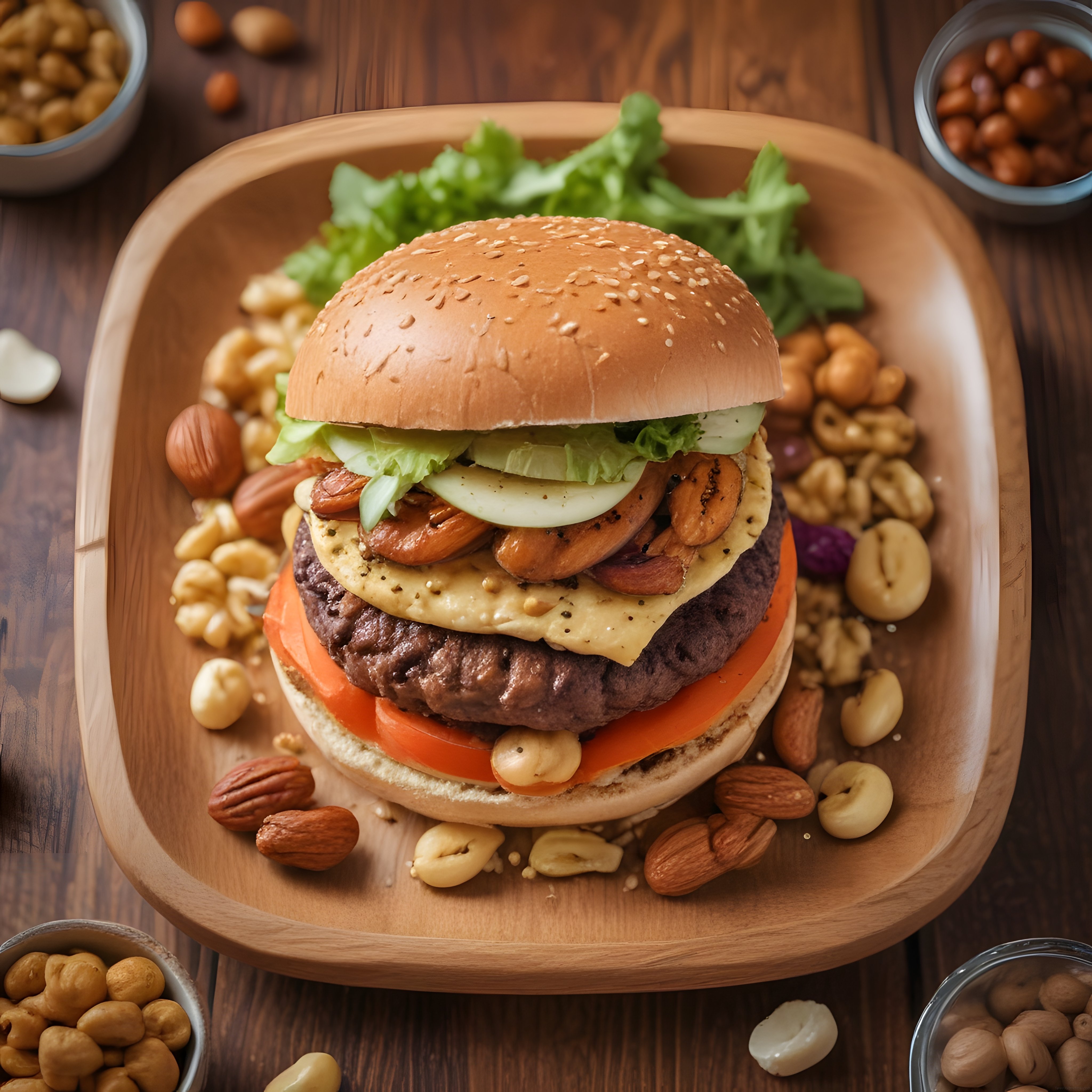gurme hamburger ve kuruyemişlerle süslenmiş şık ahşap sunum tabağı