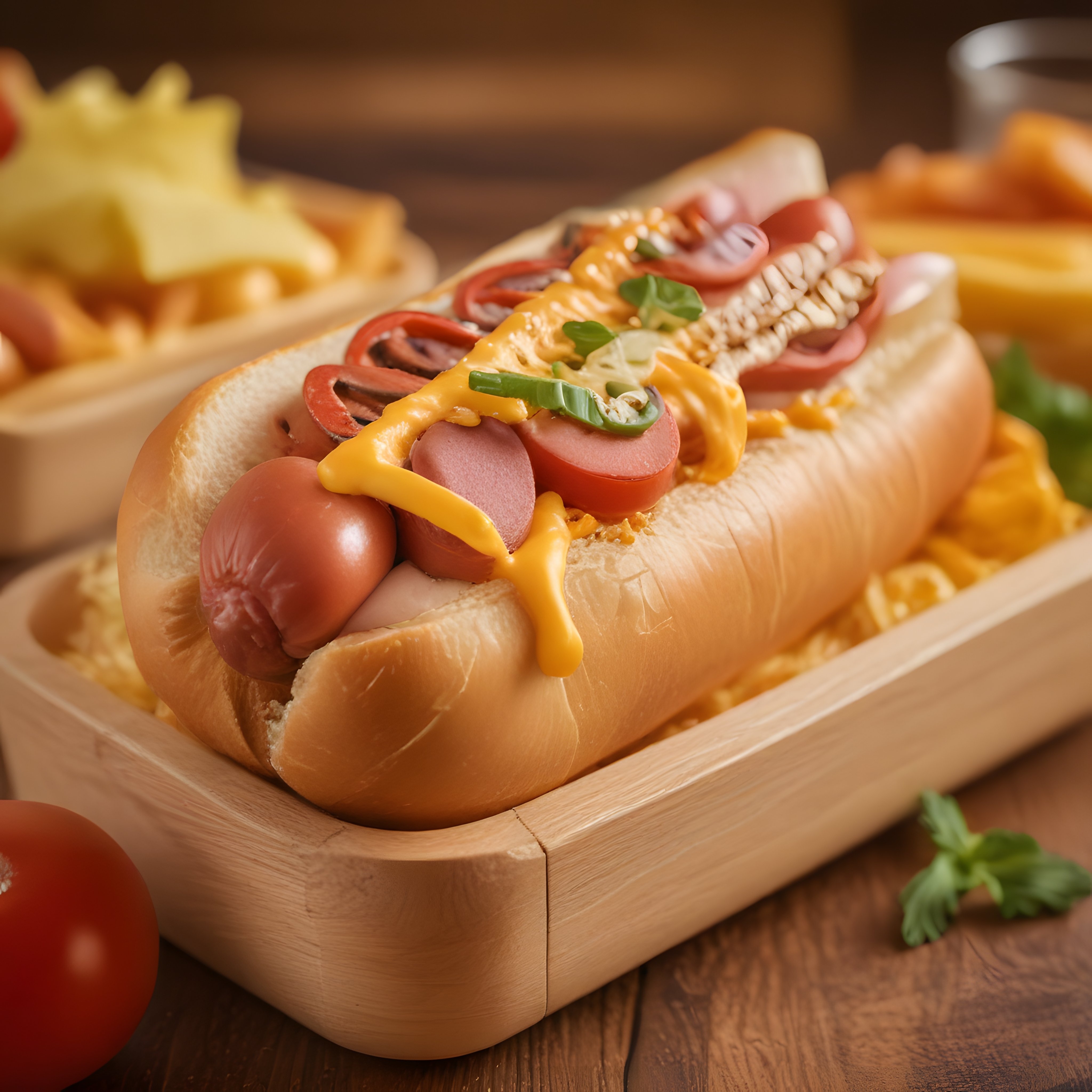 Gurme hot dog cheddar sos ve taze garnitürlerle patates kızartması sunumu