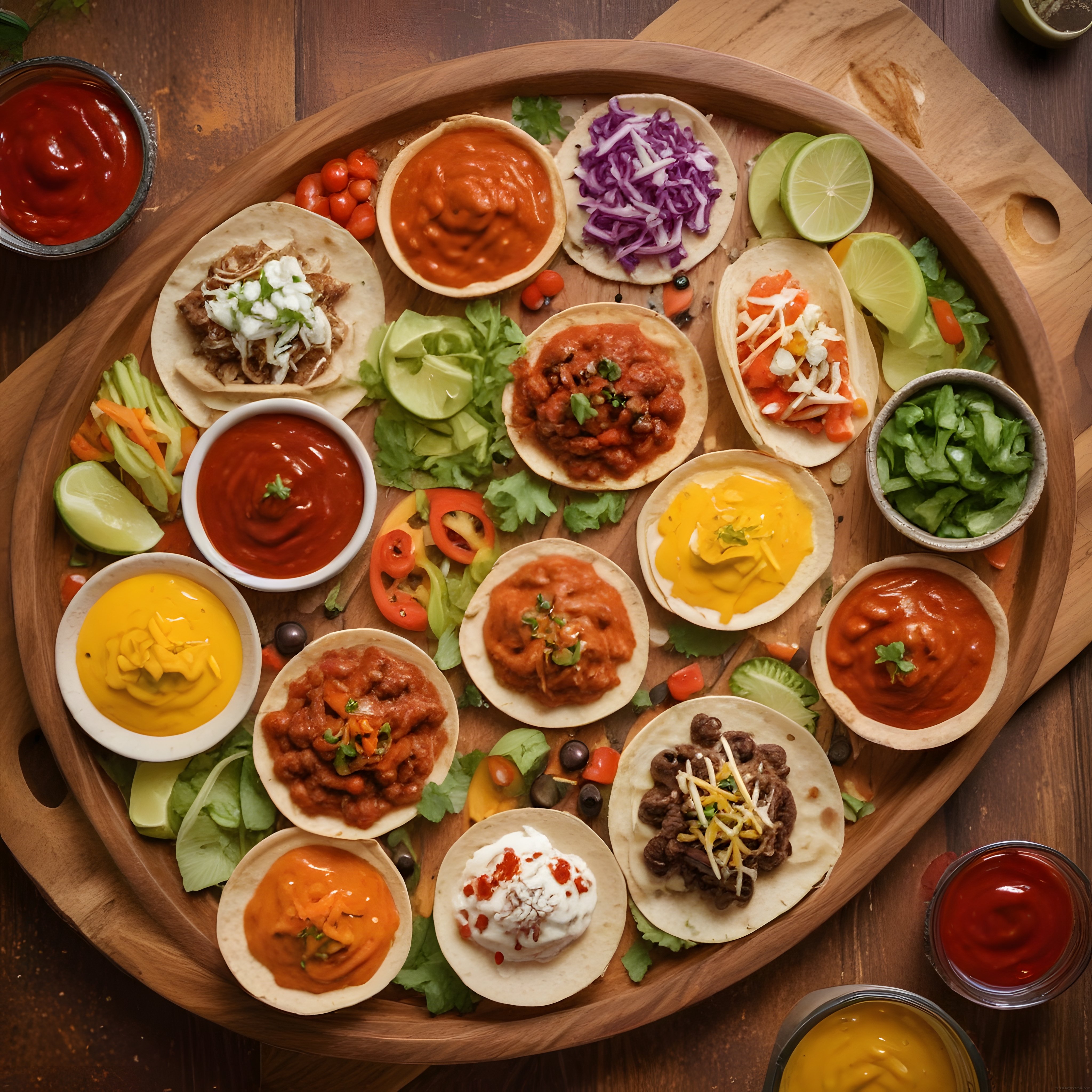 Gurme Meksika Sofrası: Ahşap Tepside Taco Çeşitleri, Salsa ve Cheddar Sosu