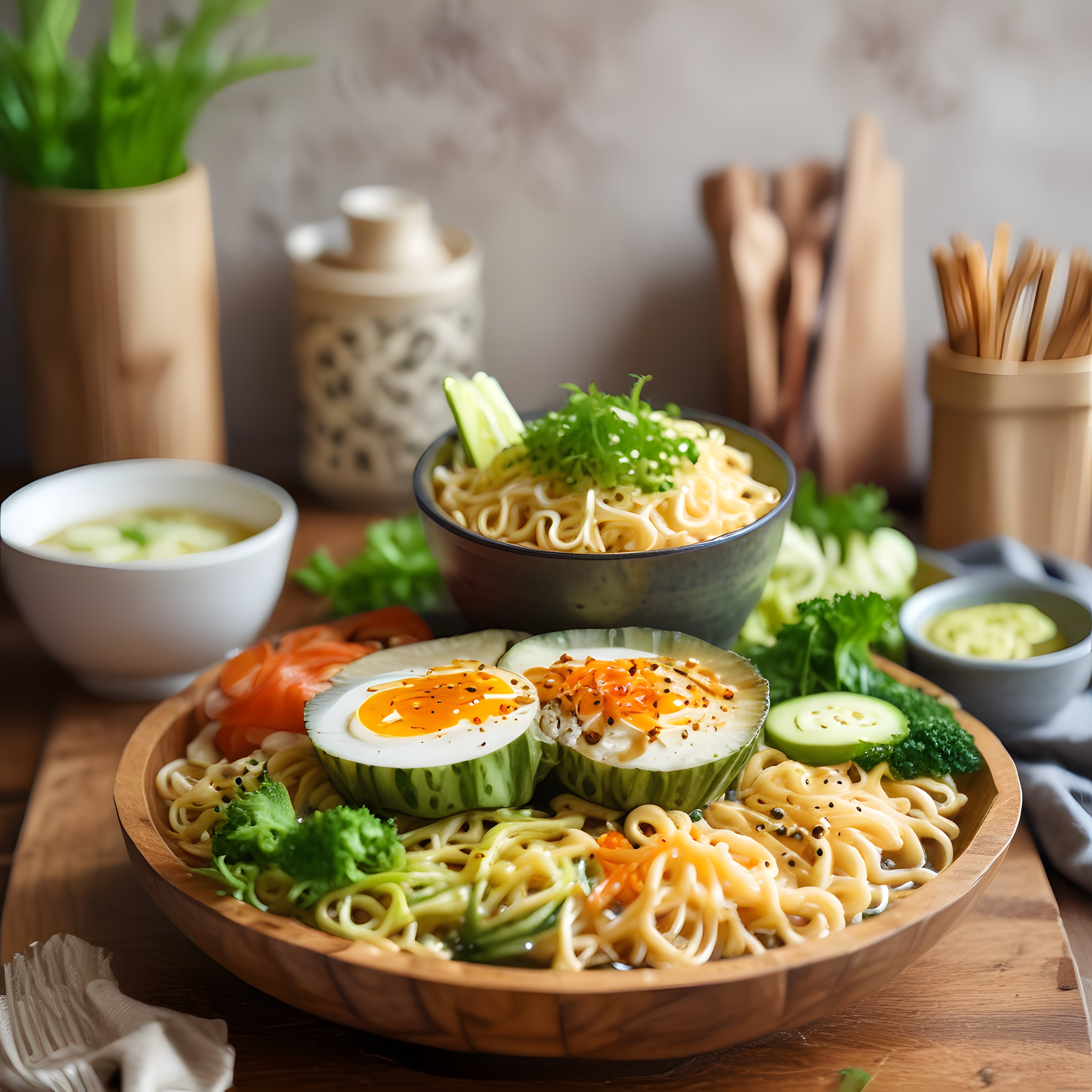 Gurme Mutfakta Ahşap Tabakta Sebzeli Noodle ve Dantele Yumurta Sunumu