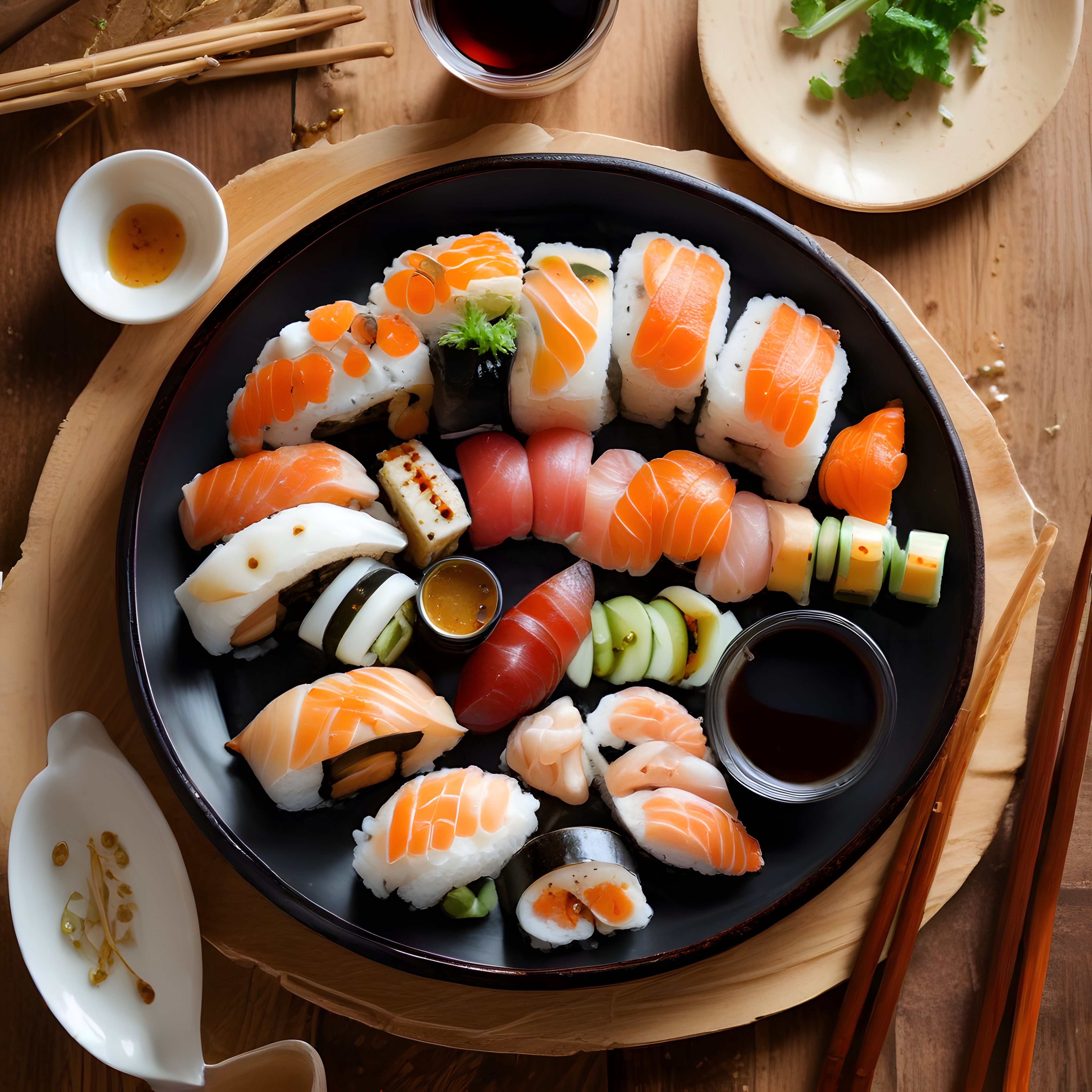 Gurme Sushi Deneyimi: Somon, Ton Balıklı Nigiri ve Makilerle Dolu Şık Tabak