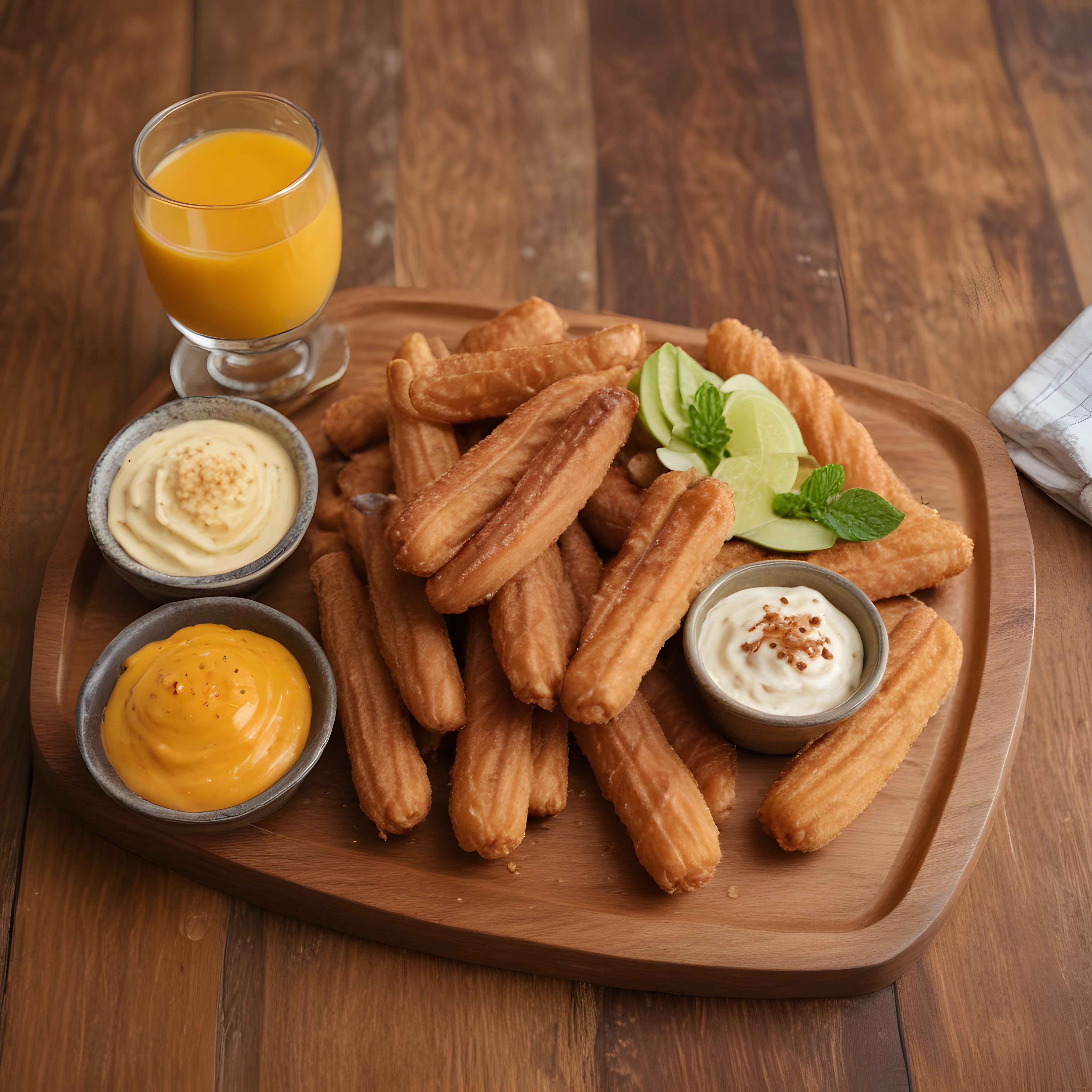 Gurme Tatlı Keyfi: Churros, Çeşitli Soslar ve Taze Meyve Dilimleriyle Sunum